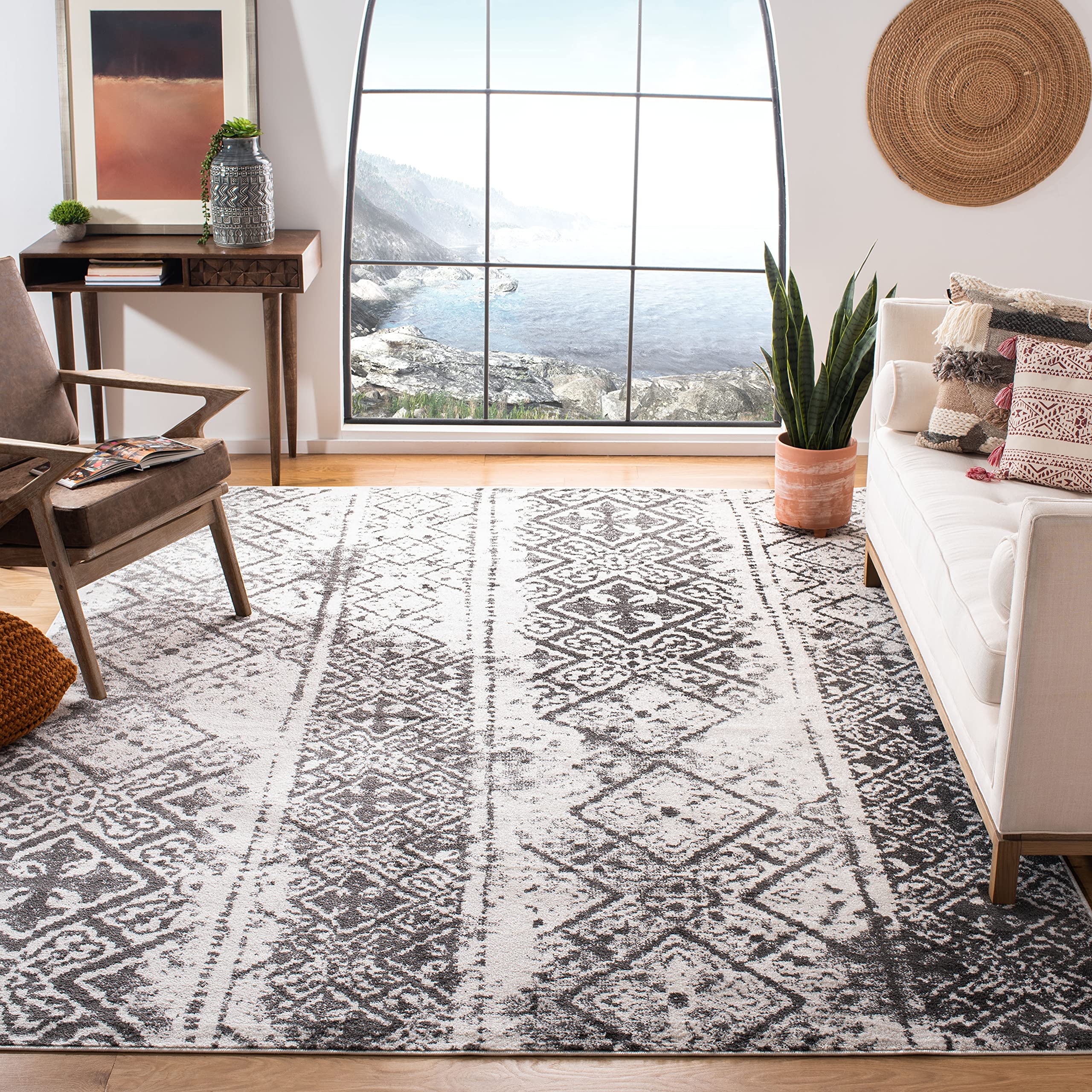 SAFAVIEH Adirondack Collection Area Rug - 10 x 14, Silver & Black, Moroccan Boho Distressed Design, Non-Shedding & Easy Care, 
