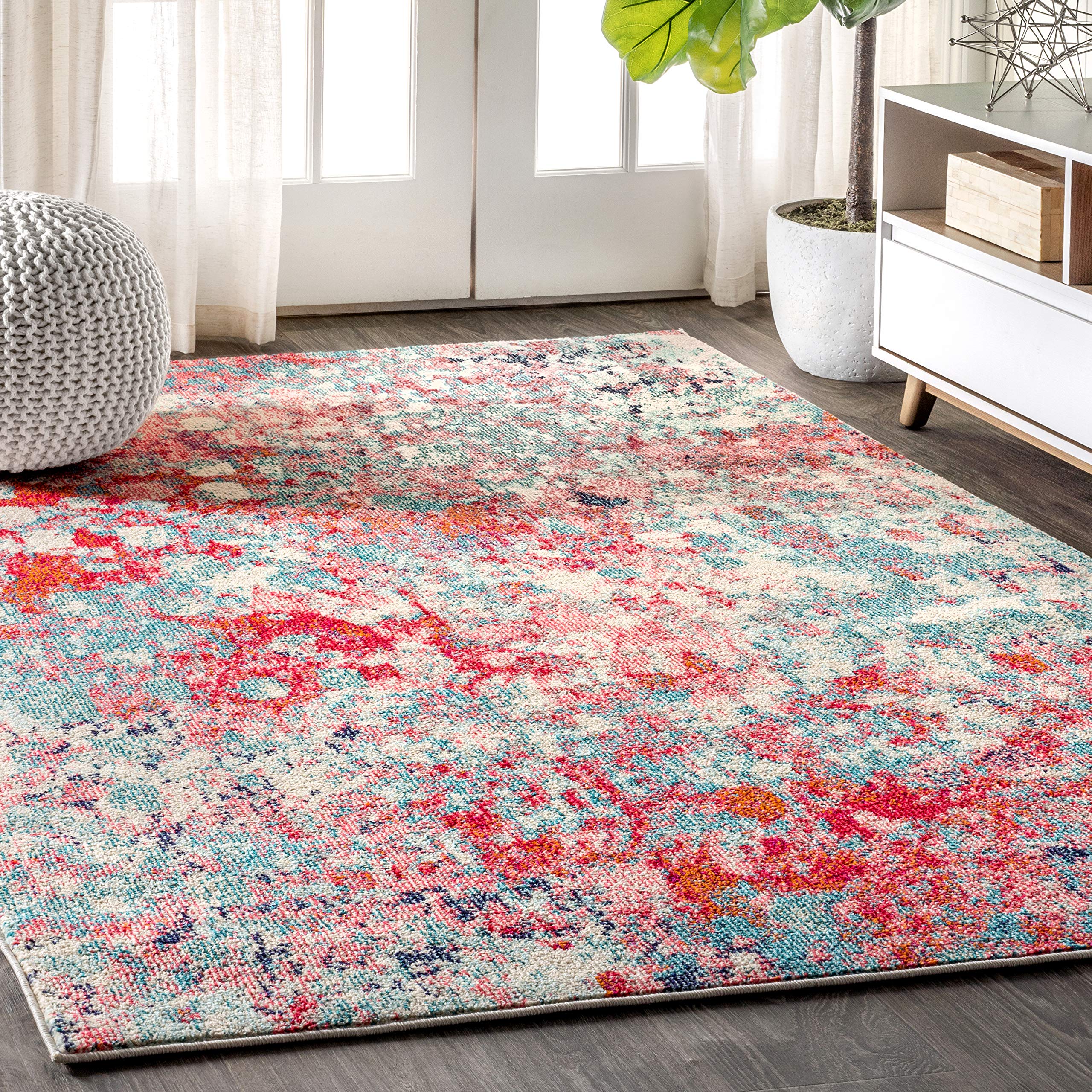 JONATHAN Y CTP108B-4 Contemporary POP Modern Abstract Blue/Red 4 ft. x 6 ft. Area-Rug, Bohemian, Easy-Cleaning, for Bedroom, Kit