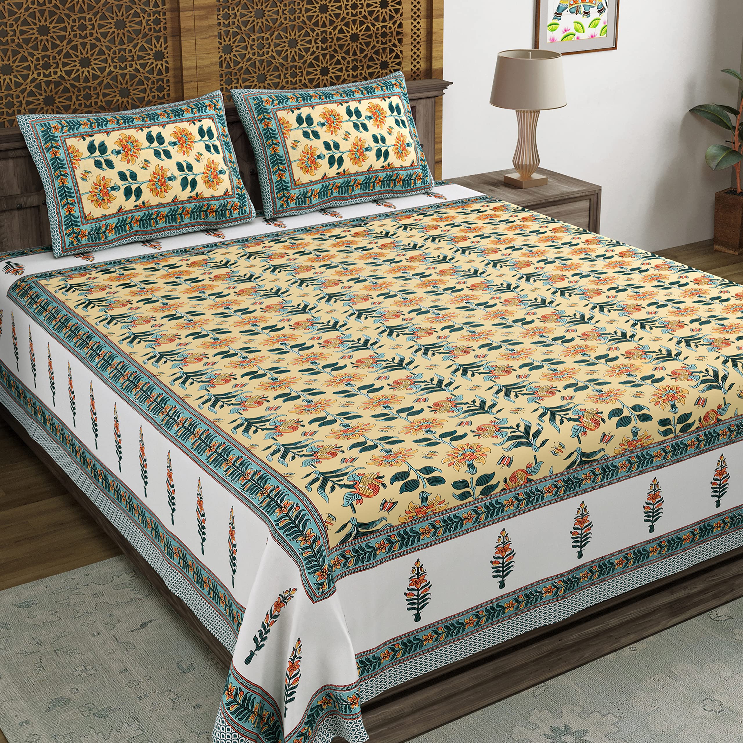 Blocks Of India Hand Block Printed 200 Tc Cotton King Size Bedsheet (Green Yellow Flower)