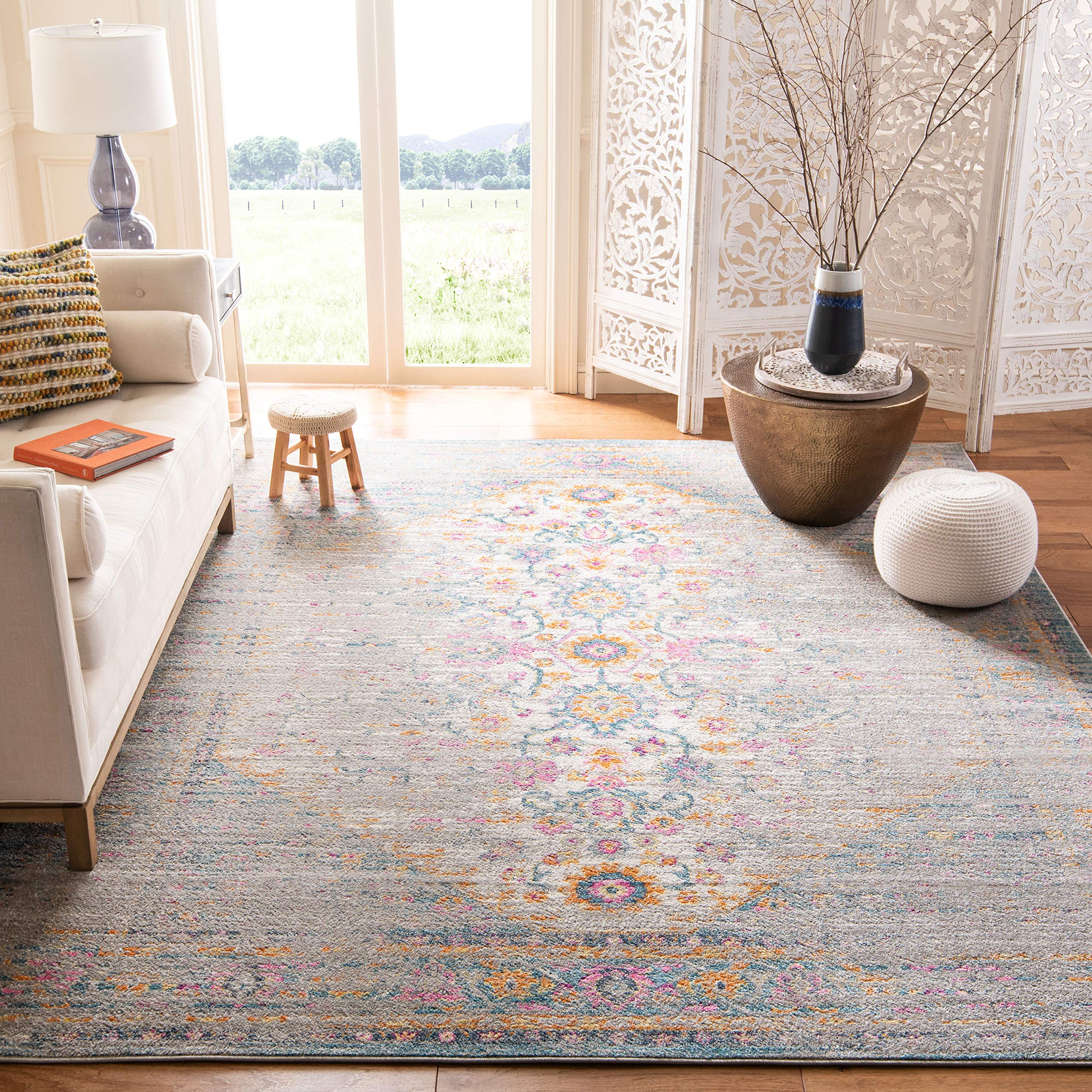 SAFAVIEH Madison Collection Accent Rug - 4 x 6, Light Grey & Fuchsia, Boho Chic Distressed Design, Non-Shedding & Easy Care, I