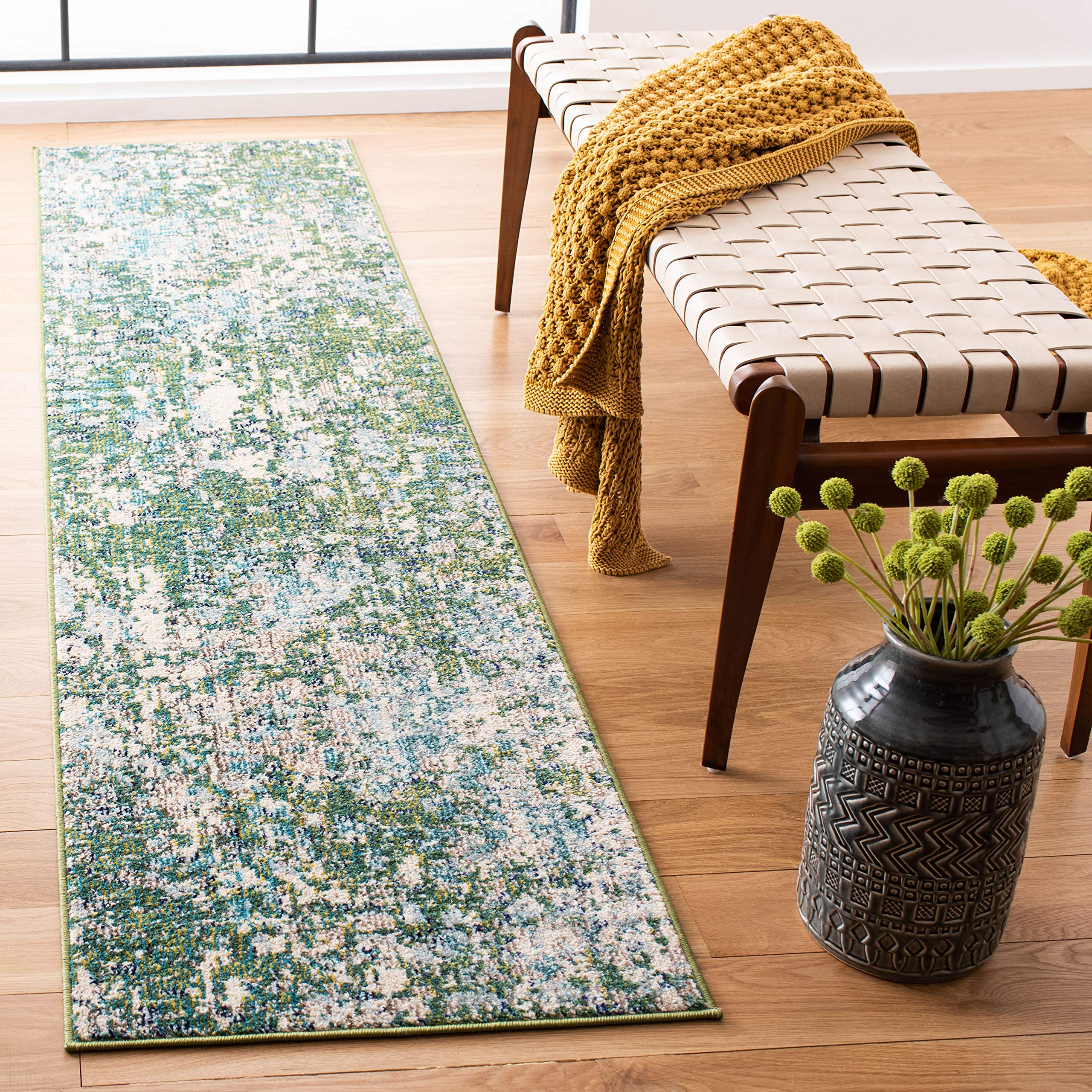 SAFAVIEH Madison Collection Runner Rug - 22 x 6, Green & Turquoise, Boho Abstract Distressed Design, Non-Shedding & Easy Care,
