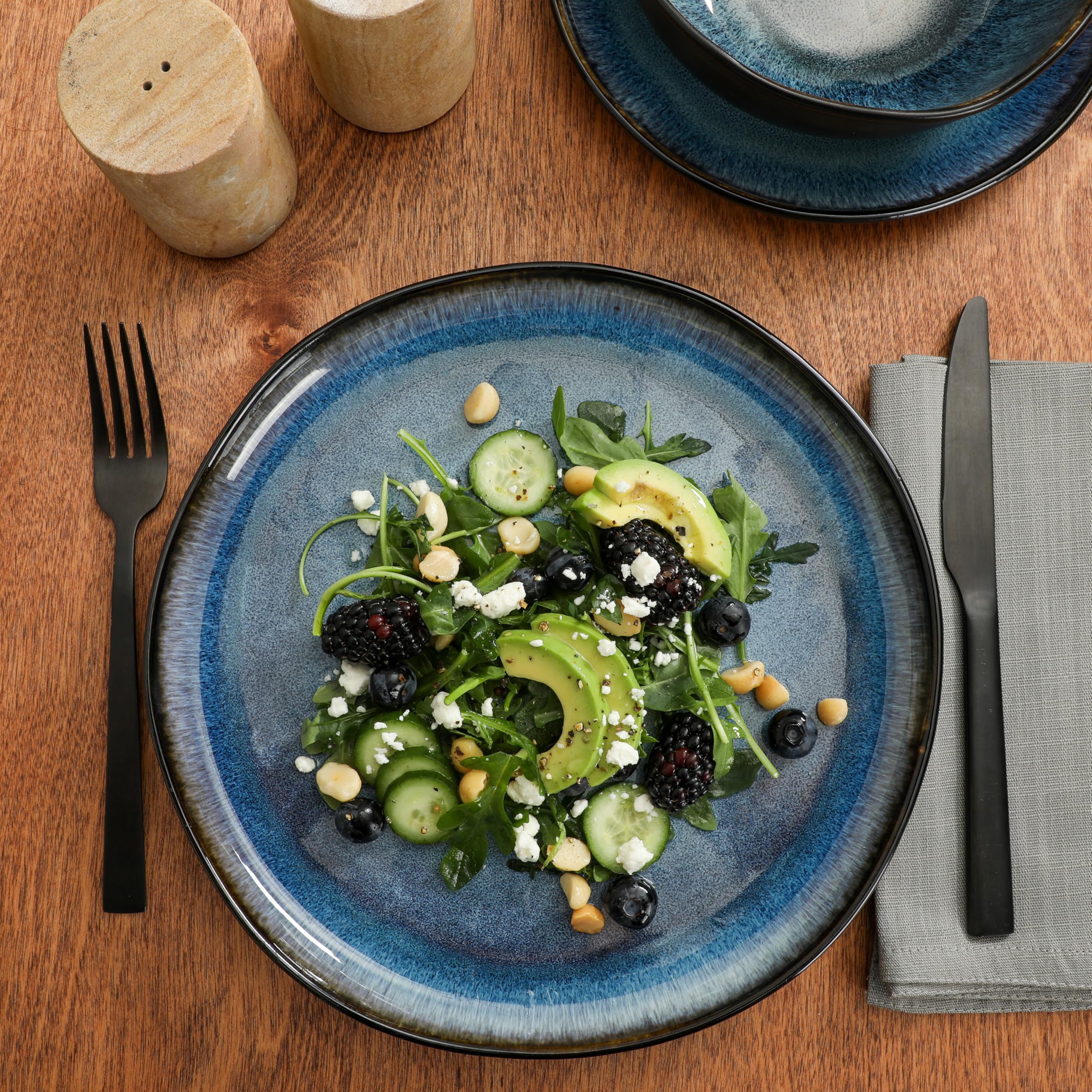Gibson Soho Lounge Nardini 12 Piece (Service for 4) Plates and Bowls Reactive Glaze Dishes Stoneware Ceramic Dinnerware Set - Bl