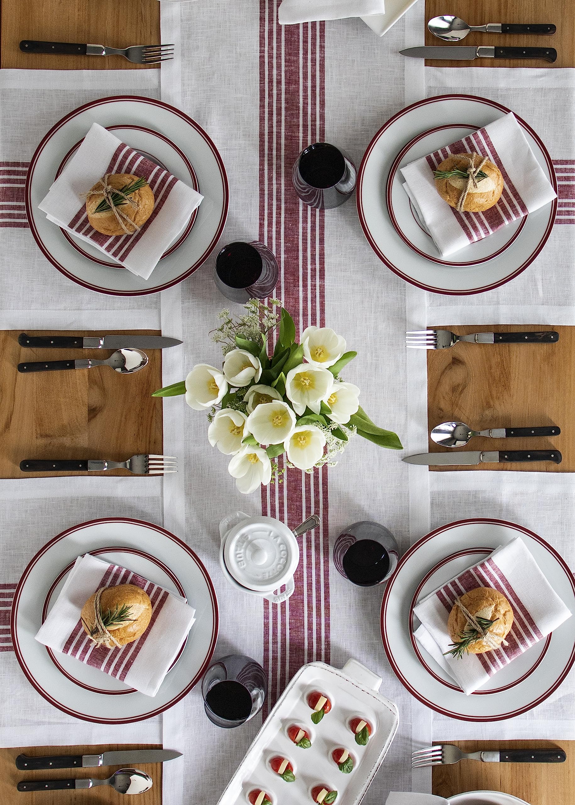 Solino Home Stripe Linen Table Runner 120 Inches Long - 100% Pure Linen Burgundy And White Dining Farmhouse Table Runner 18 X 12