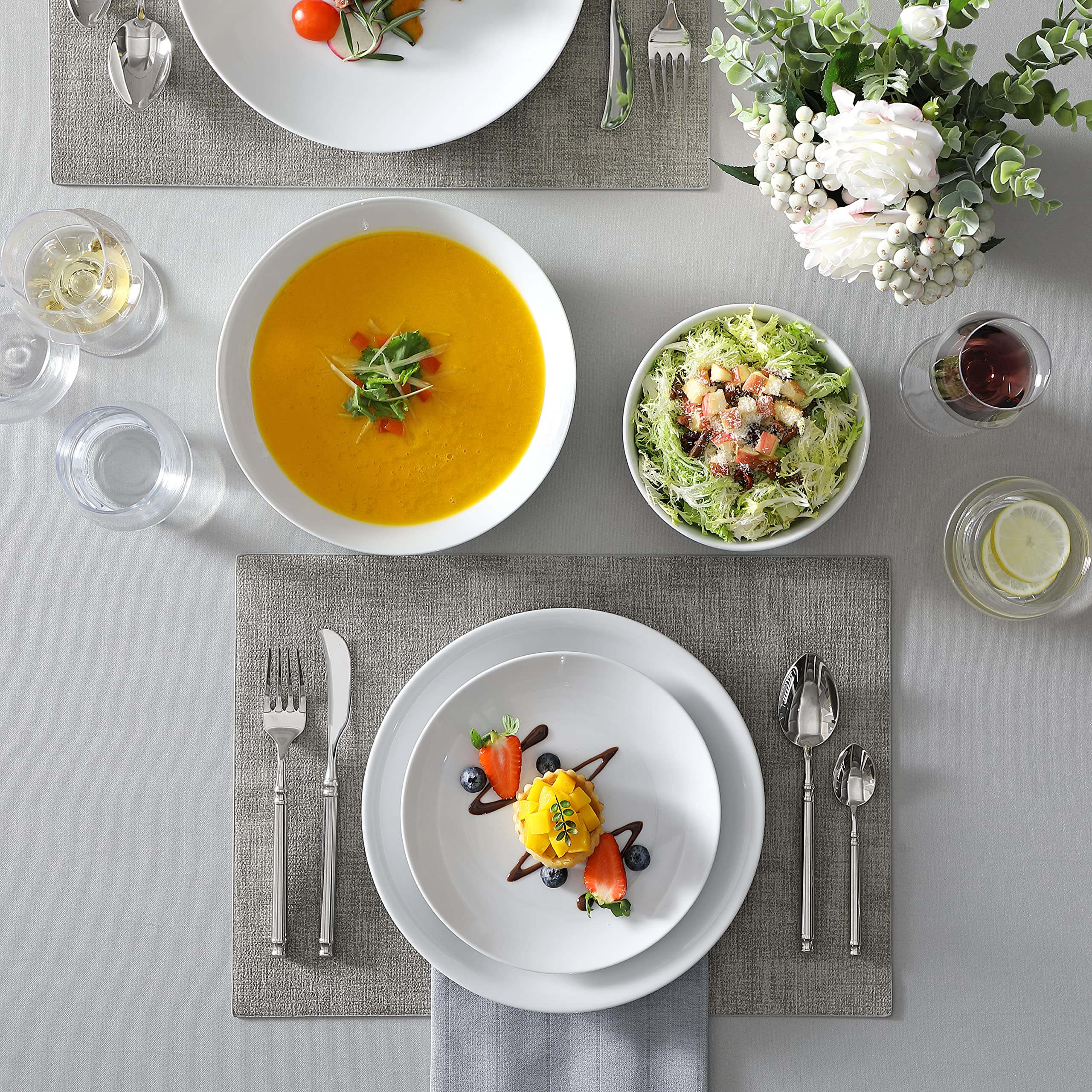 MALACASA 24-Piece Gourmet Porcelain Dinnerware Set for 6 - Modern White AMELIA Dish Set for Salad, Soup, Pasta, and Dessert