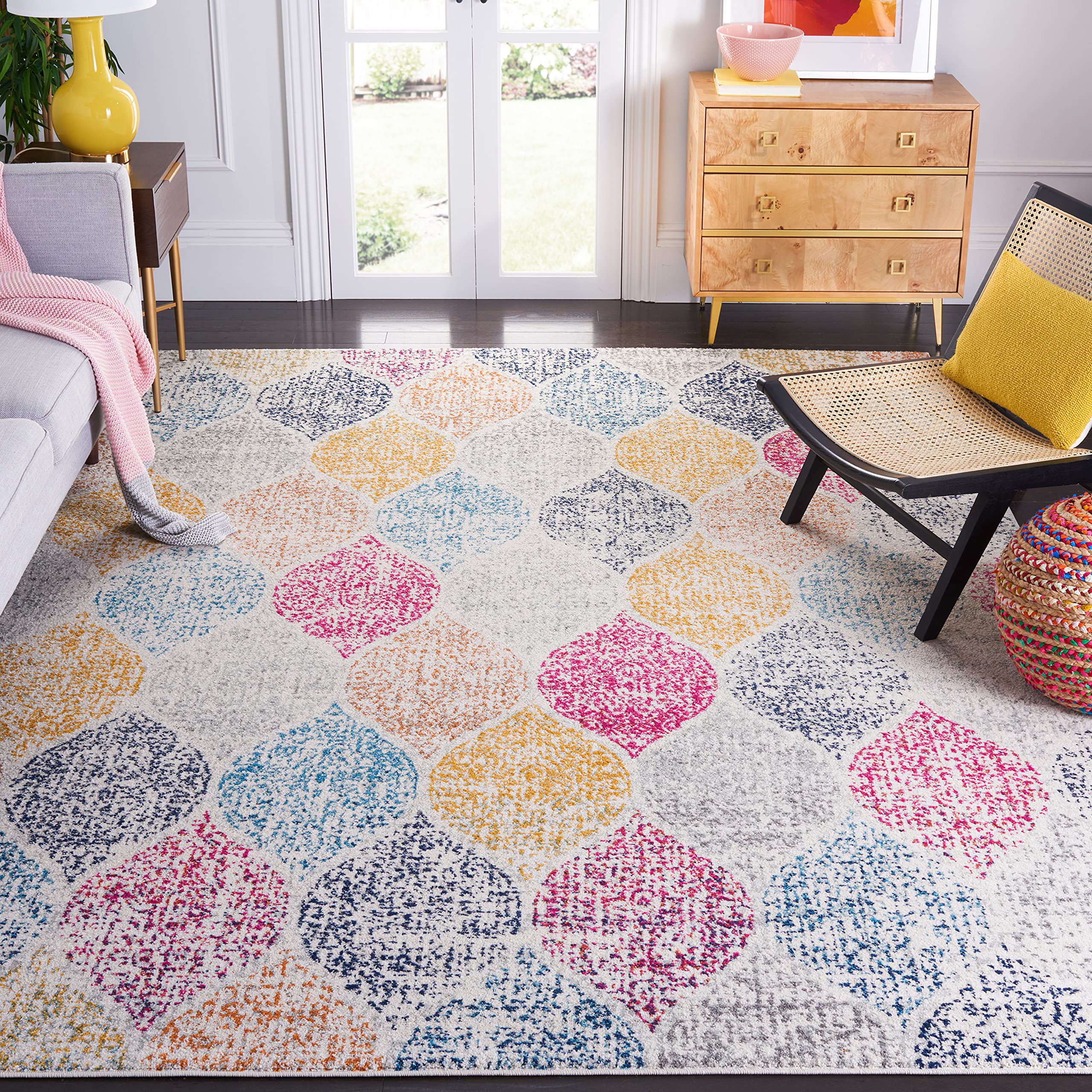 SAFAVIEH Madison Collection 53 Square Cream / Yellow MAD604C Glam Ogee Trellis Distressed Non-Shedding Living Room Bedroom Area