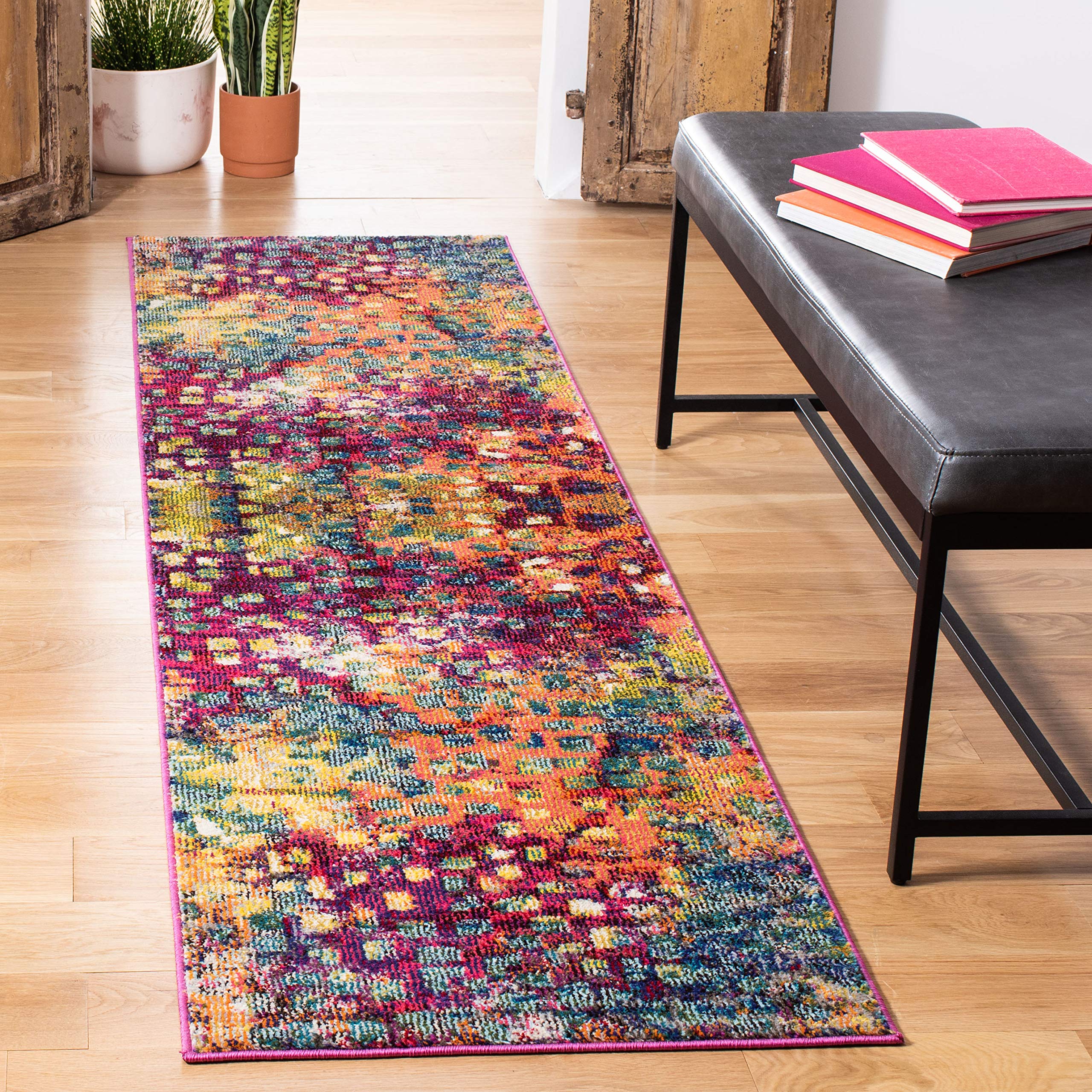 SAFAVIEH Monaco Collection Runner Rug - 22 x 8, Pink & Multi, Boho Chic Abstract Watercolor Design, Non-Shedding & Easy Care, 