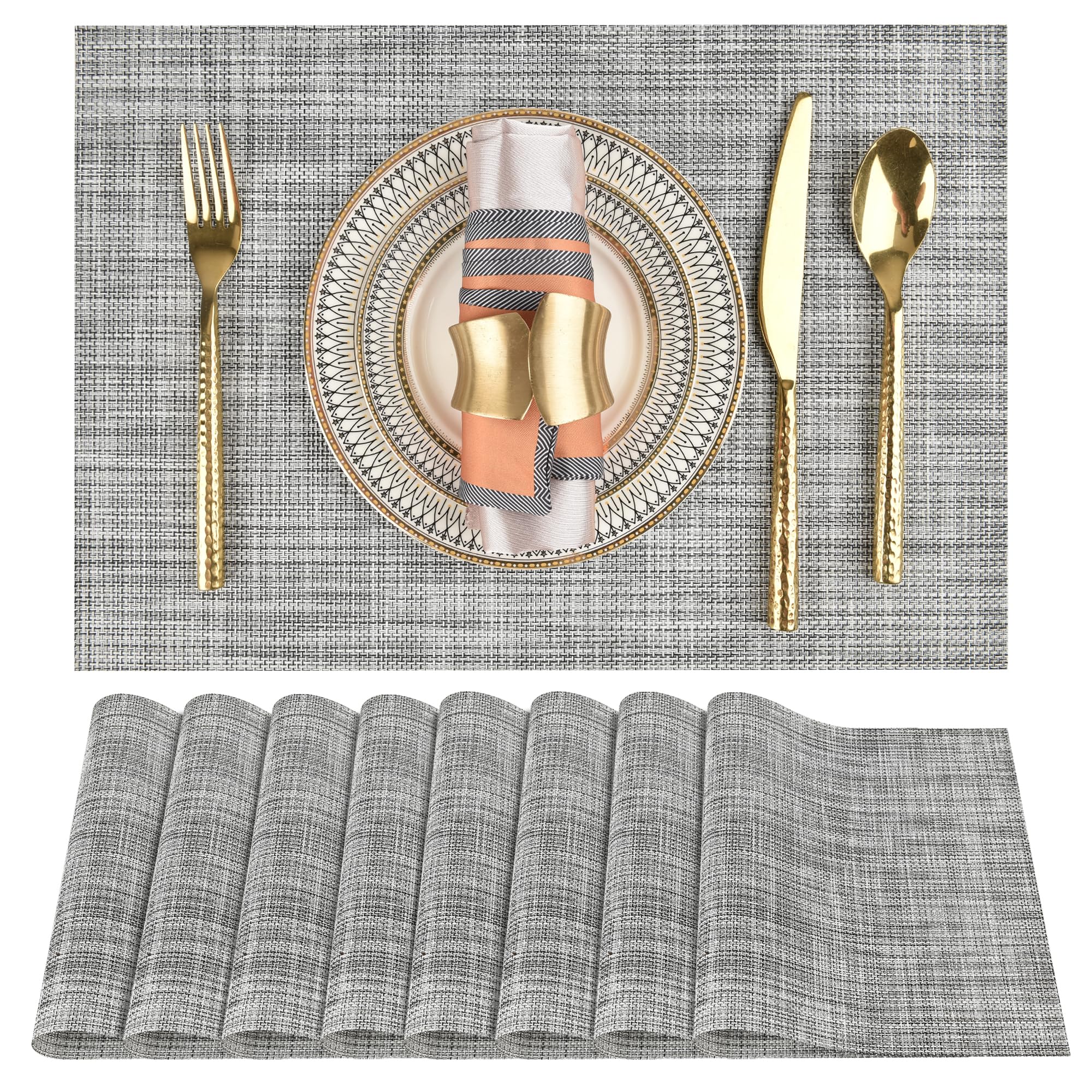 SLKQG Gray Placemats Set of 8 - Easy Clean Washable Vinyl Placemats - Wipeable Heat Resistant Table Mats for Dining Table - 17.7