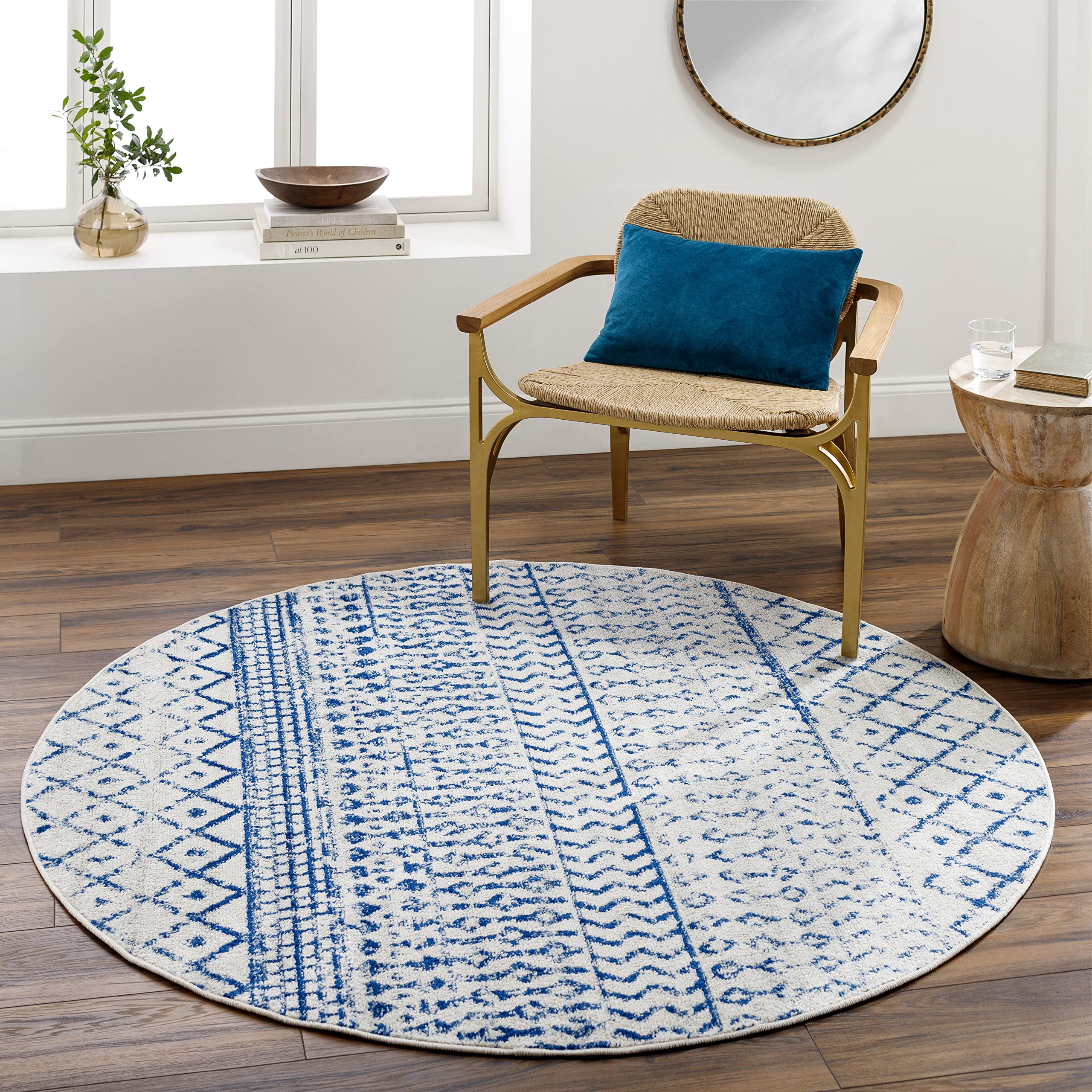 Livabliss Area Rugs - 4ft Round Chester Boho Moroccan Cream Rug for Living Room Bedroom - Blue Slate Gray Geometric Stain Resist