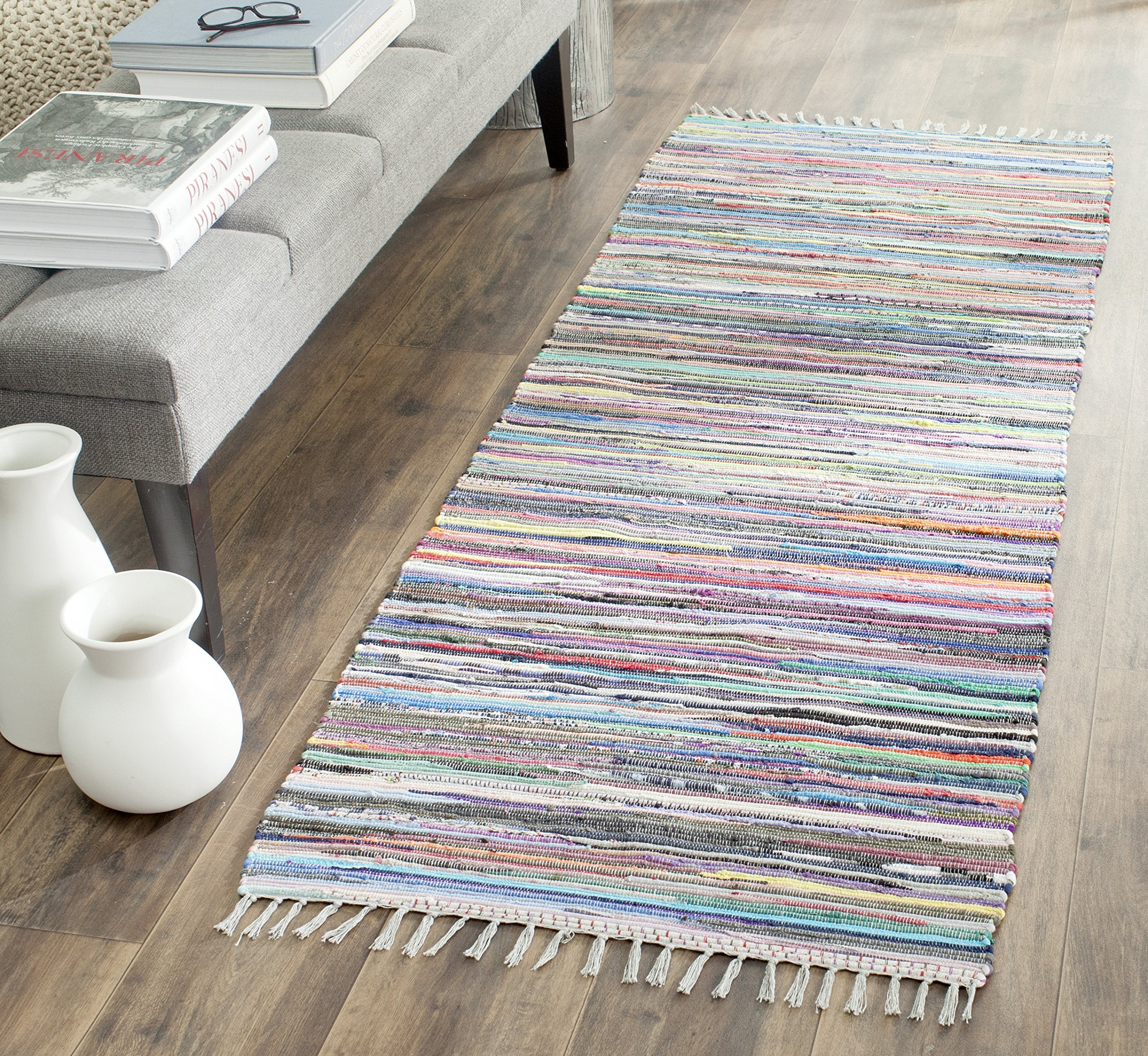SAFAVIEH Rag Rug Collection Runner Rug - 23 x 7, Grey & Multi, Handmade Boho Stripe Cotton, Ideal for High Traffic Areas in Li