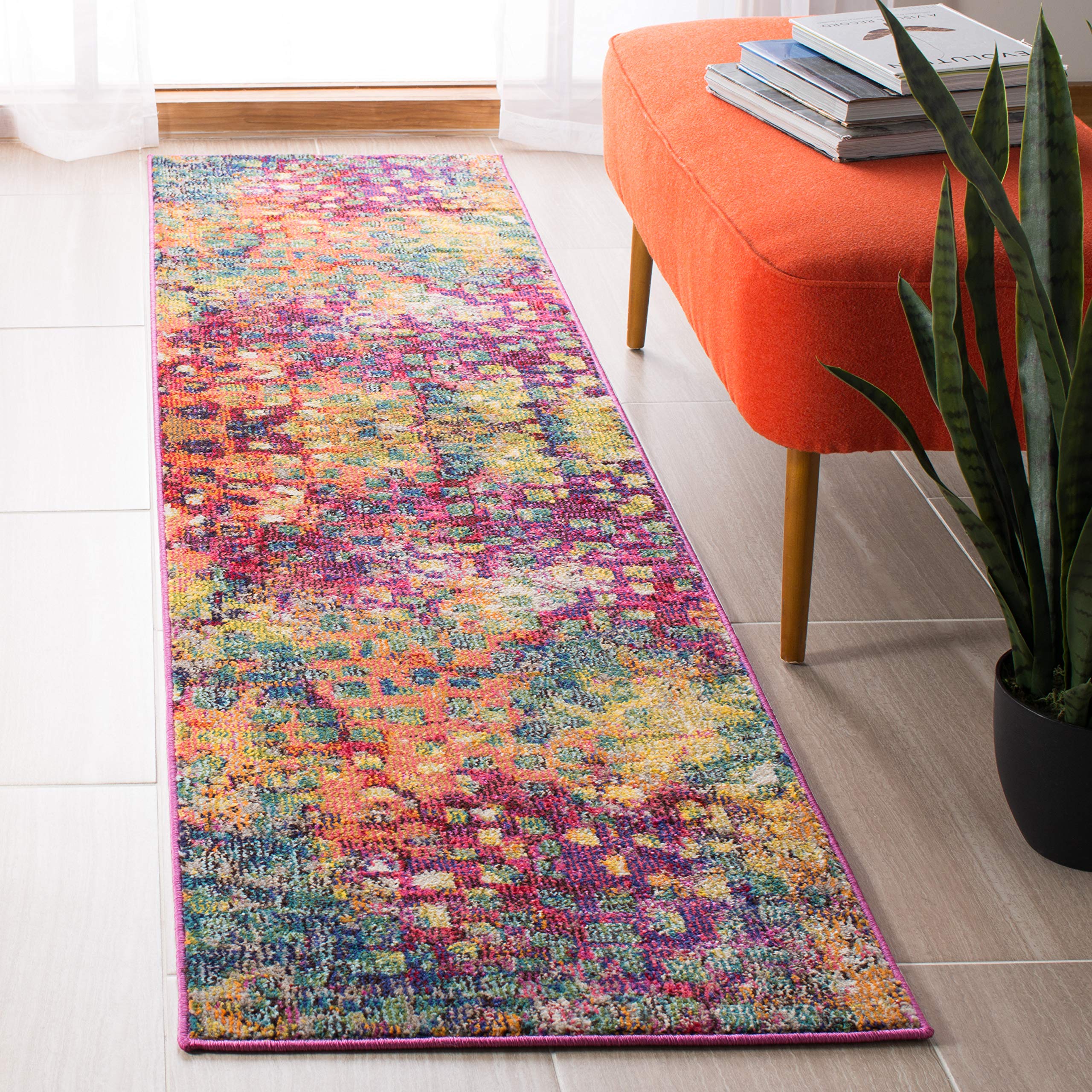 SAFAVIEH Madison Collection Runner Rug - 22 x 18, Fuchsia & Gold, Boho Abstract Distressed Design, Non-Shedding & Easy Care, I