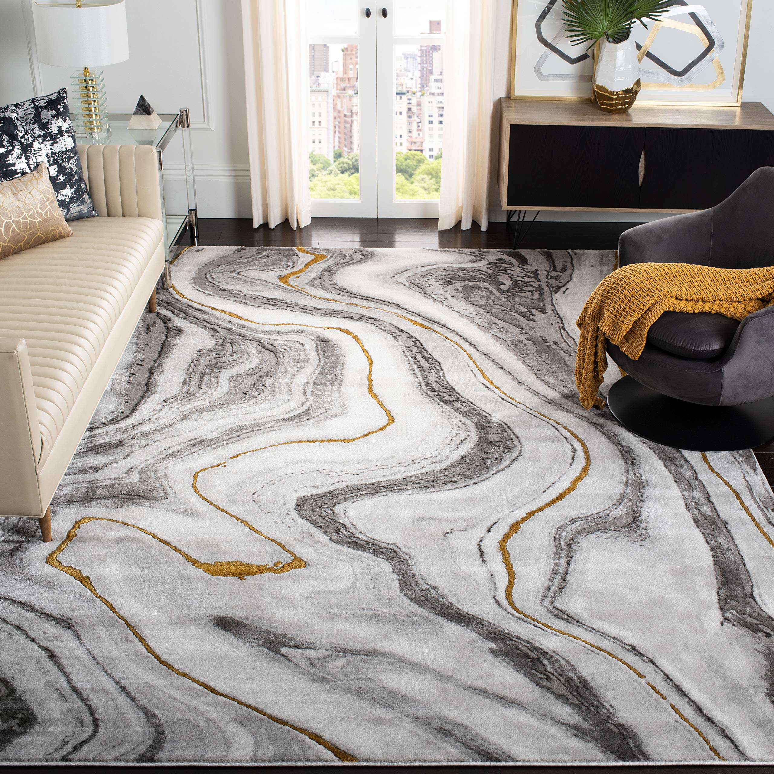 SAFAVIEH Craft Collection 9 Square Grey / Gold CFT819F Modern Abstract Non-Shedding Living Room Bedroom Dining Home Office Area