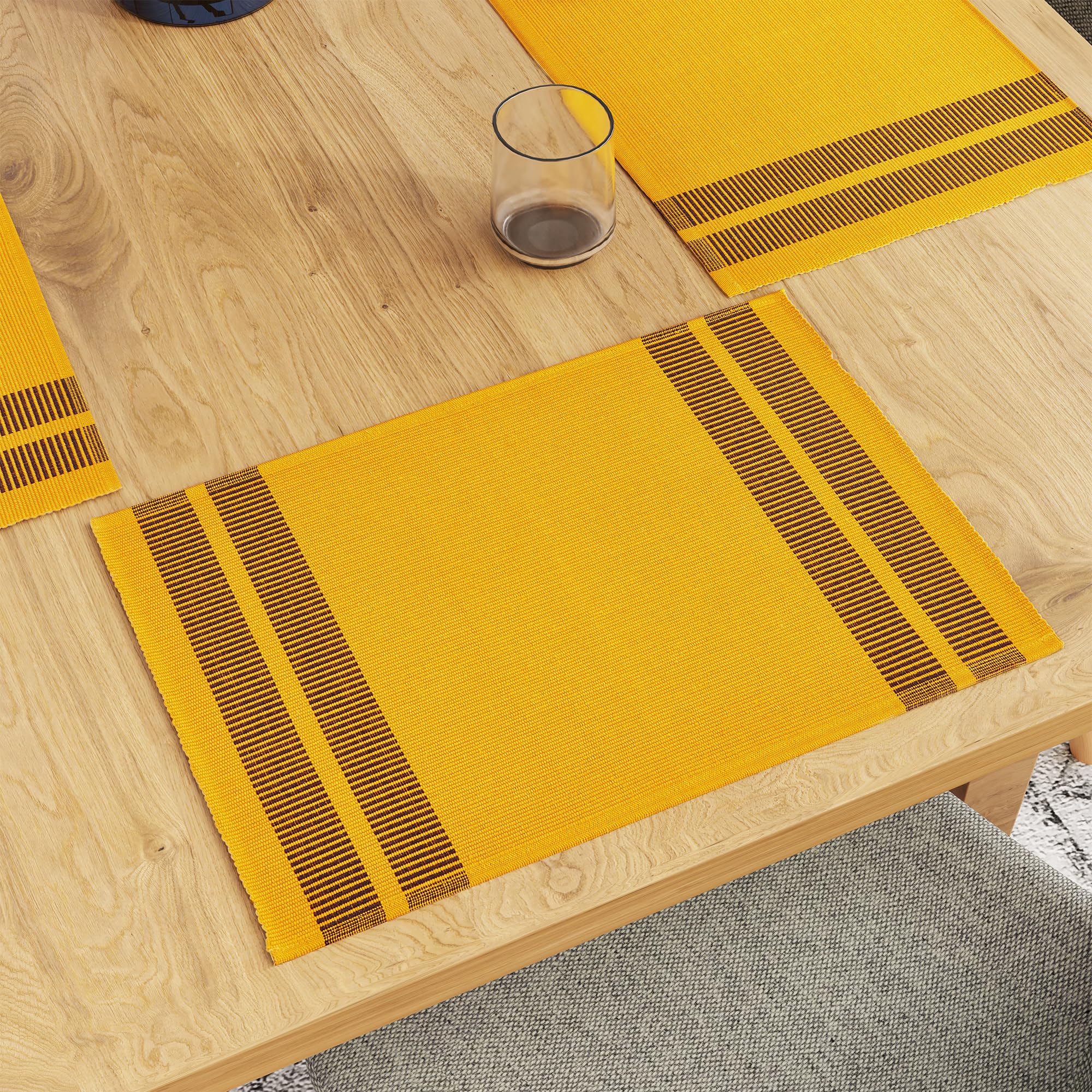 Encasa Xo Dining Placemat Set Of 6 | Ladder Yellow Color | Fine Ribbed Cotton Table Mat | Size 18X13 In | Machine Washable