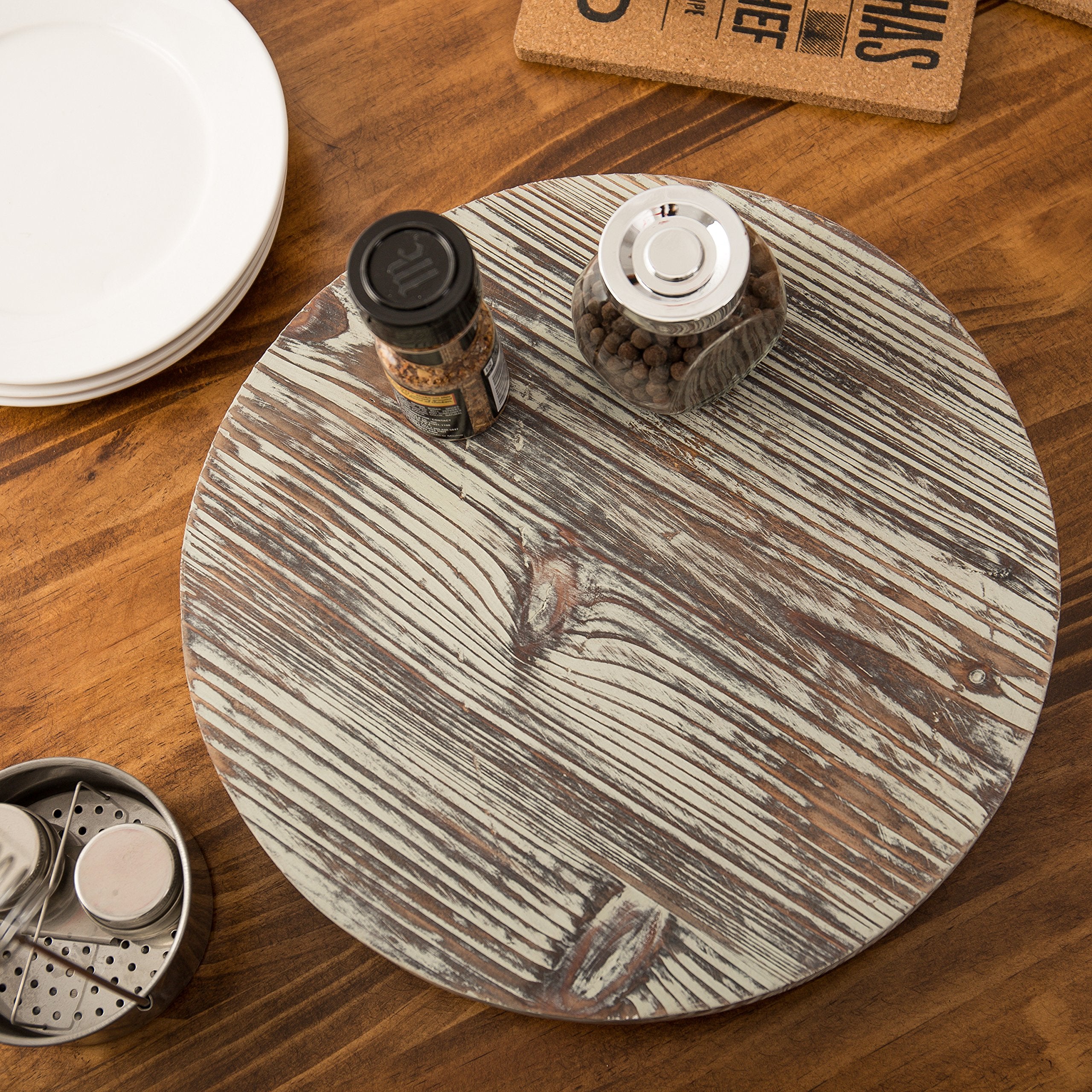 Mygift 13 Inch Round Rustic Torched Wood Lazy Susan Condiment Serving Tray, 360 Degree Rotating Spice Rack Organizer, Decorative