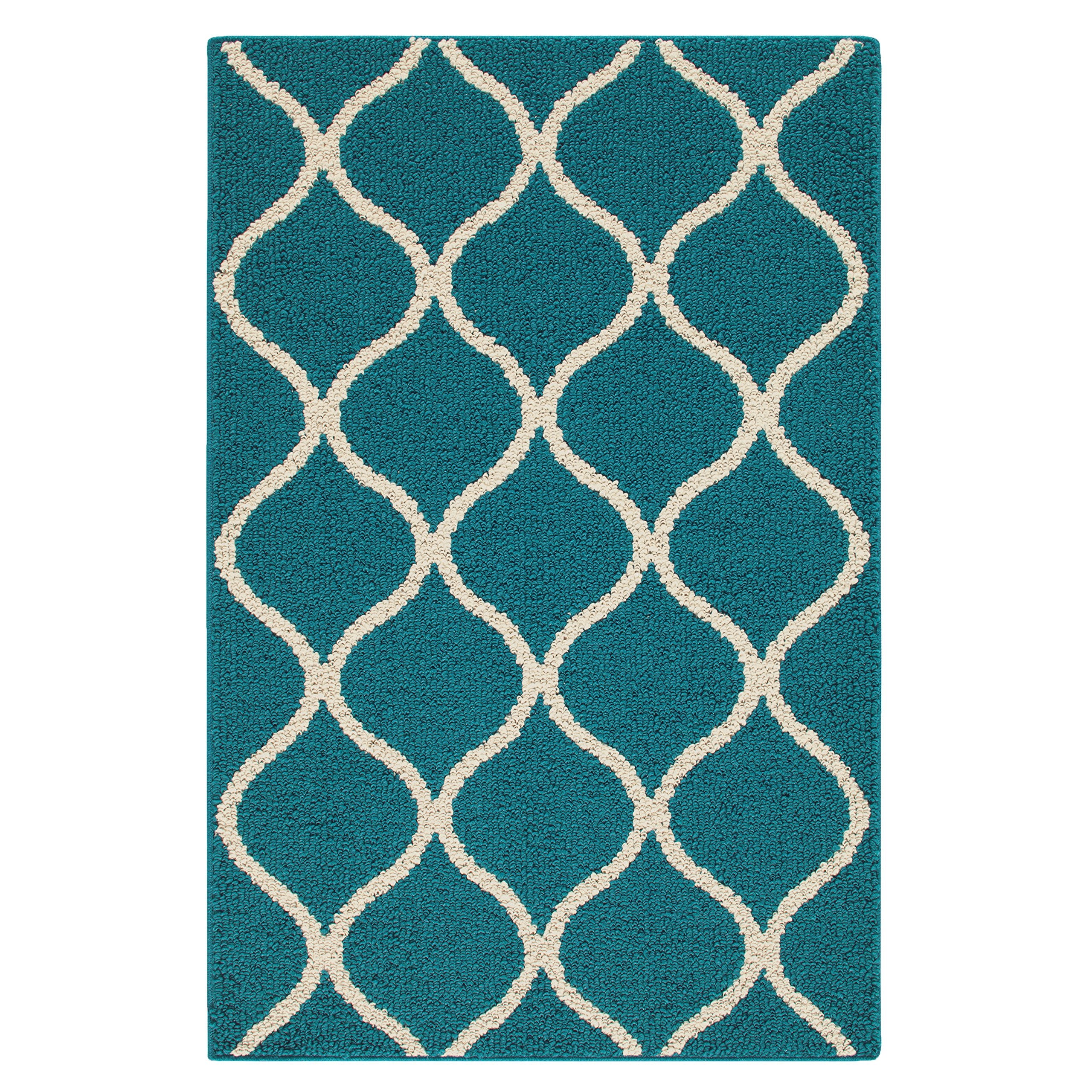 Maples Rugs Rebecca Contemporary Kitchen Rugs Non Skid Accent Area Carpet [Made in USA], 26 x 310, Teal/Sand