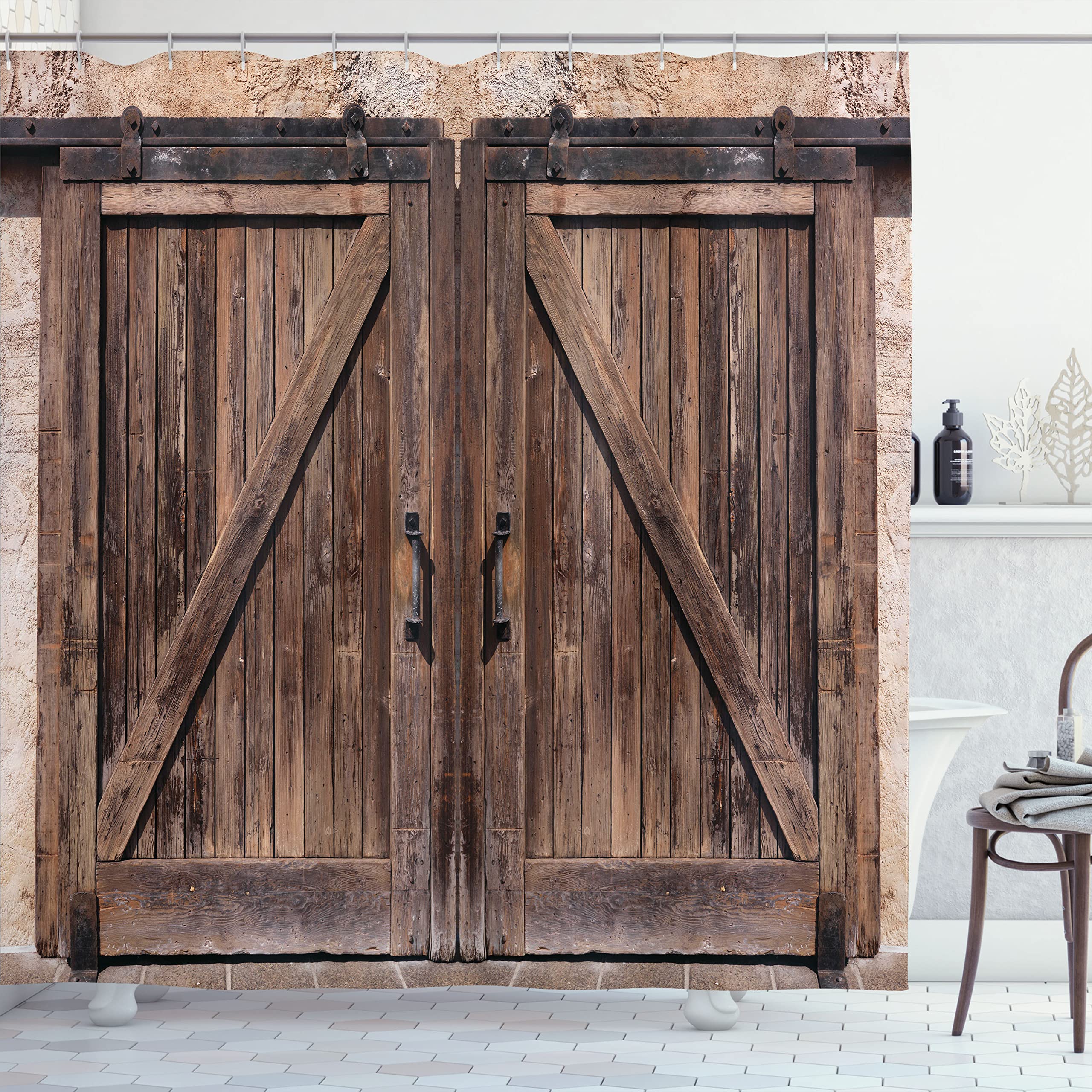 Ambesonne Rustic Shower Curtain, Wooden Barn Door In Stone Farmhouse Image Vintage Desgin Rural Art Architecture Print, Cloth Fa