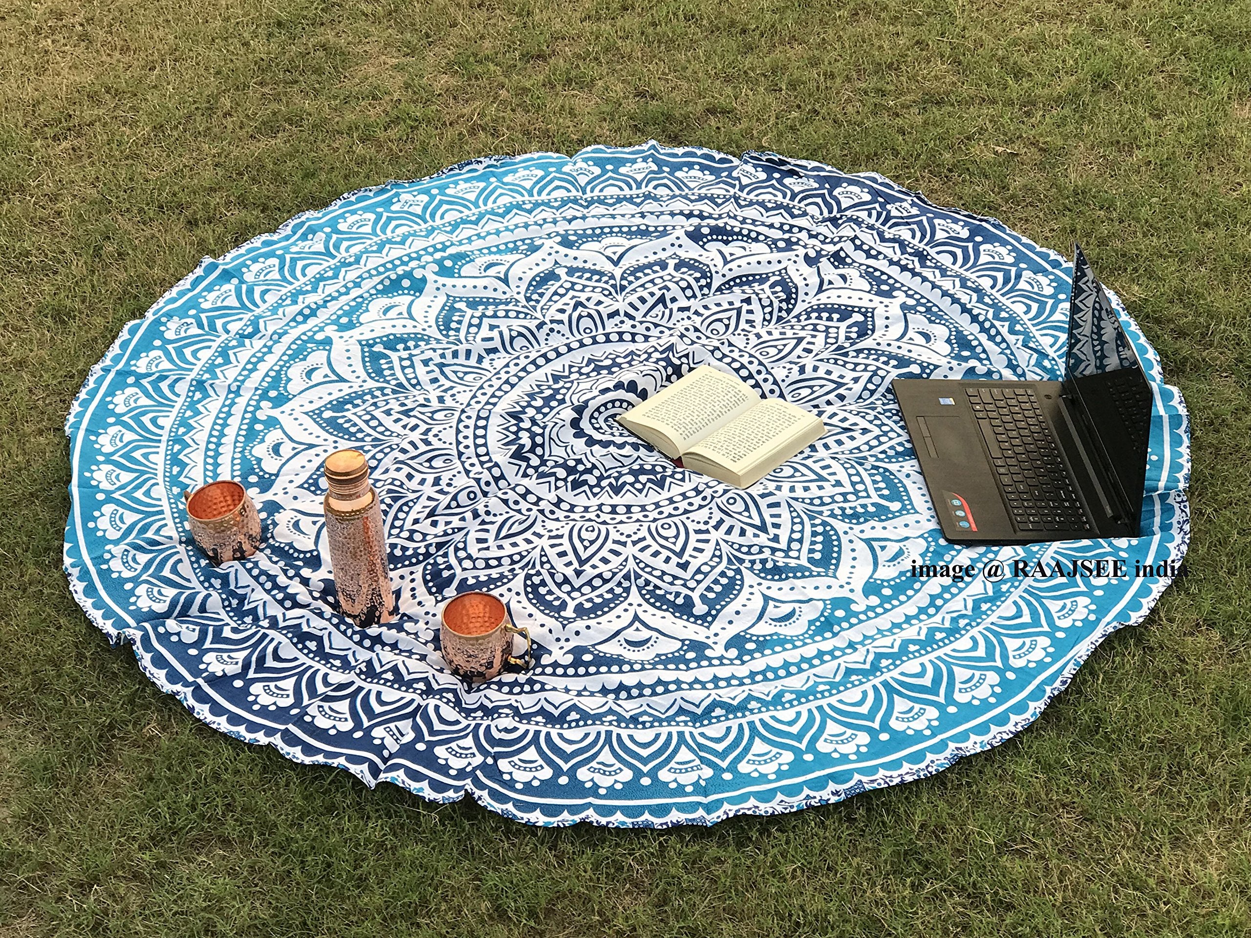 Raajsee Aqua Blue Ombre Round Beach Tapestry Hippie/Boho Beach Blanket Roundie/Indian Cotton Throw Bohemian Round Table Cloth/Yo