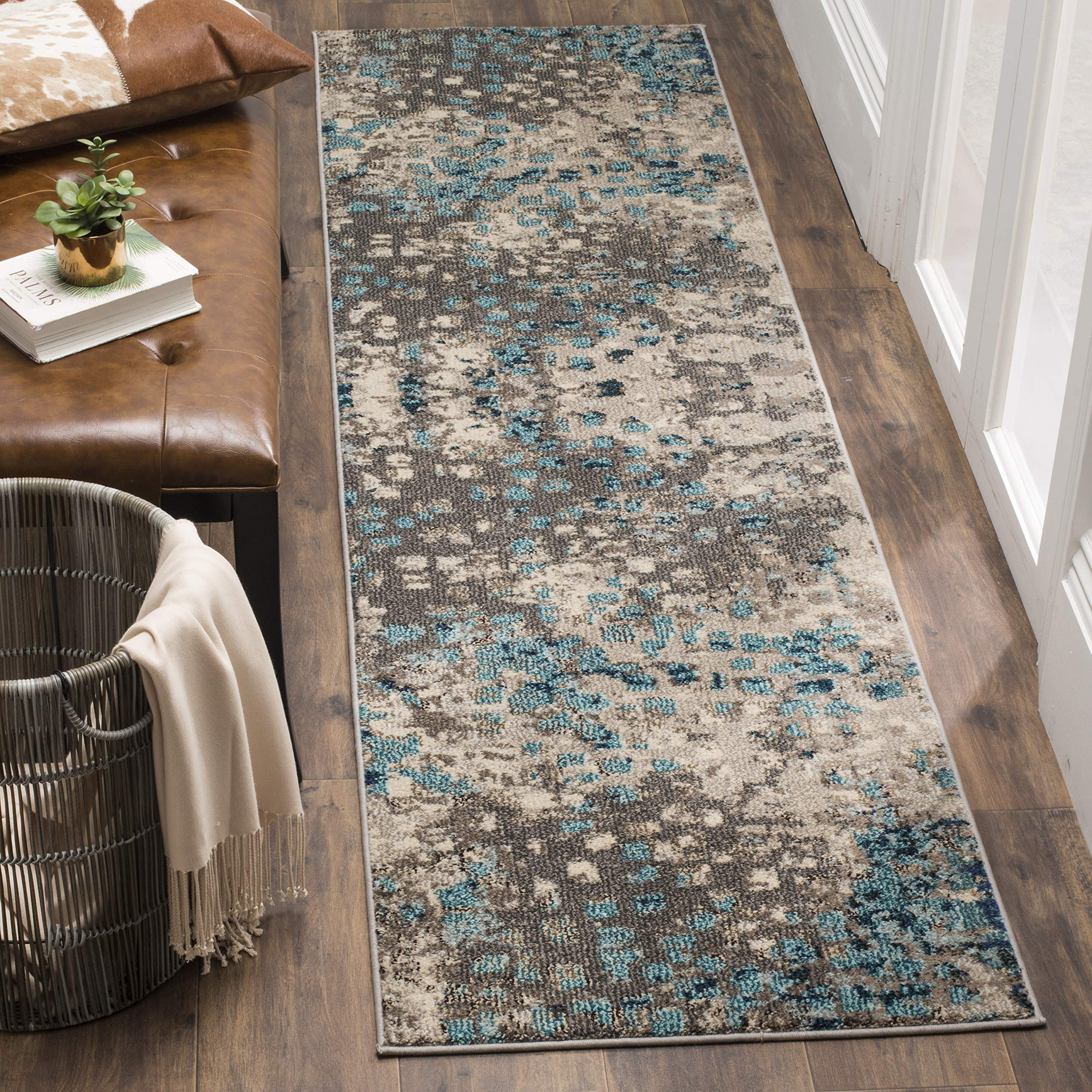 SAFAVIEH Monaco Collection Runner Rug - 22 x 10, Grey & Light Blue, Boho Chic Abstract Watercolor Design, Non-Shedding & Easy 
