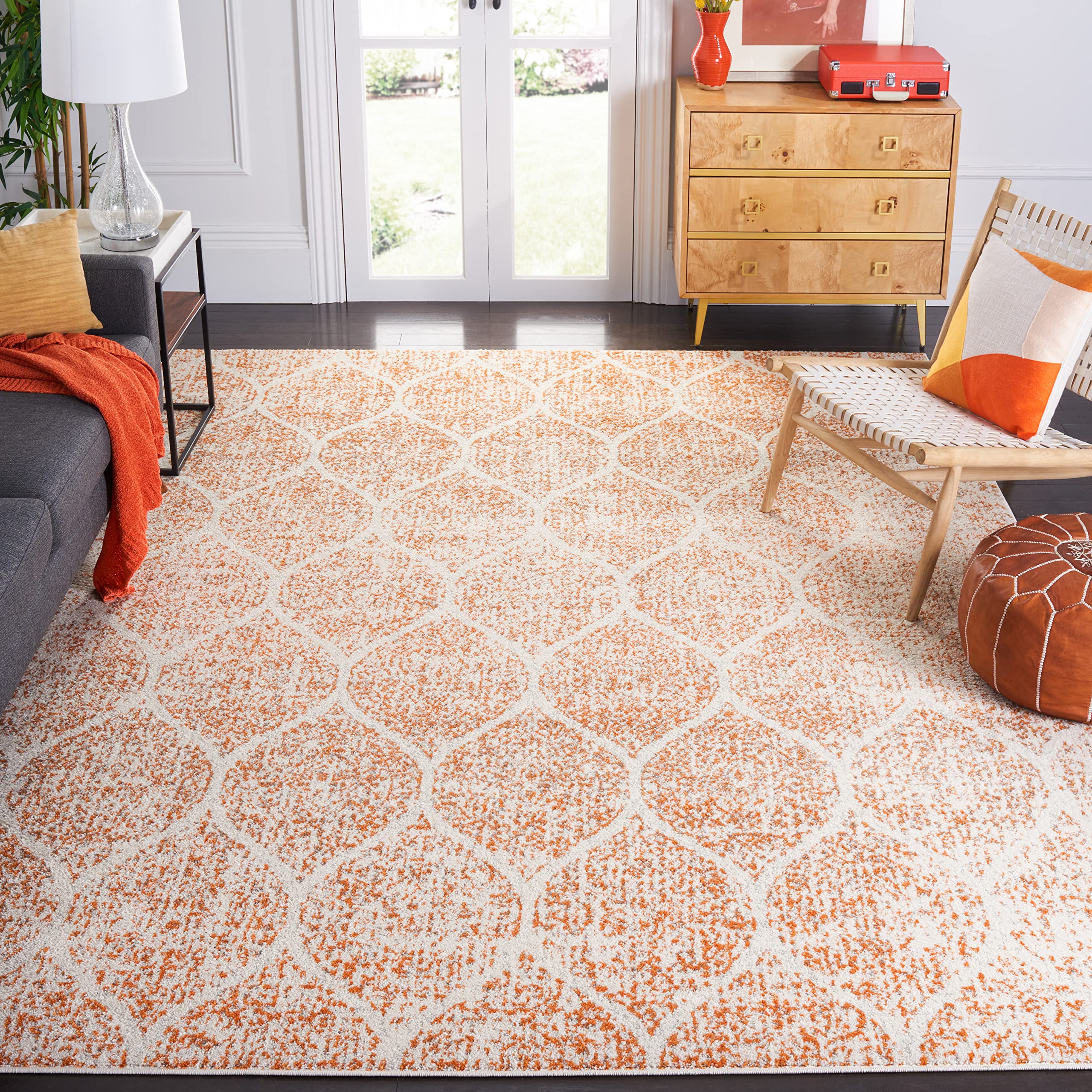 SAFAVIEH Madison Collection Area Rug - 10 x 14, Cream & Orange, Glam Ogee Trellis Distressed Design, Non-Shedding & Easy Care,