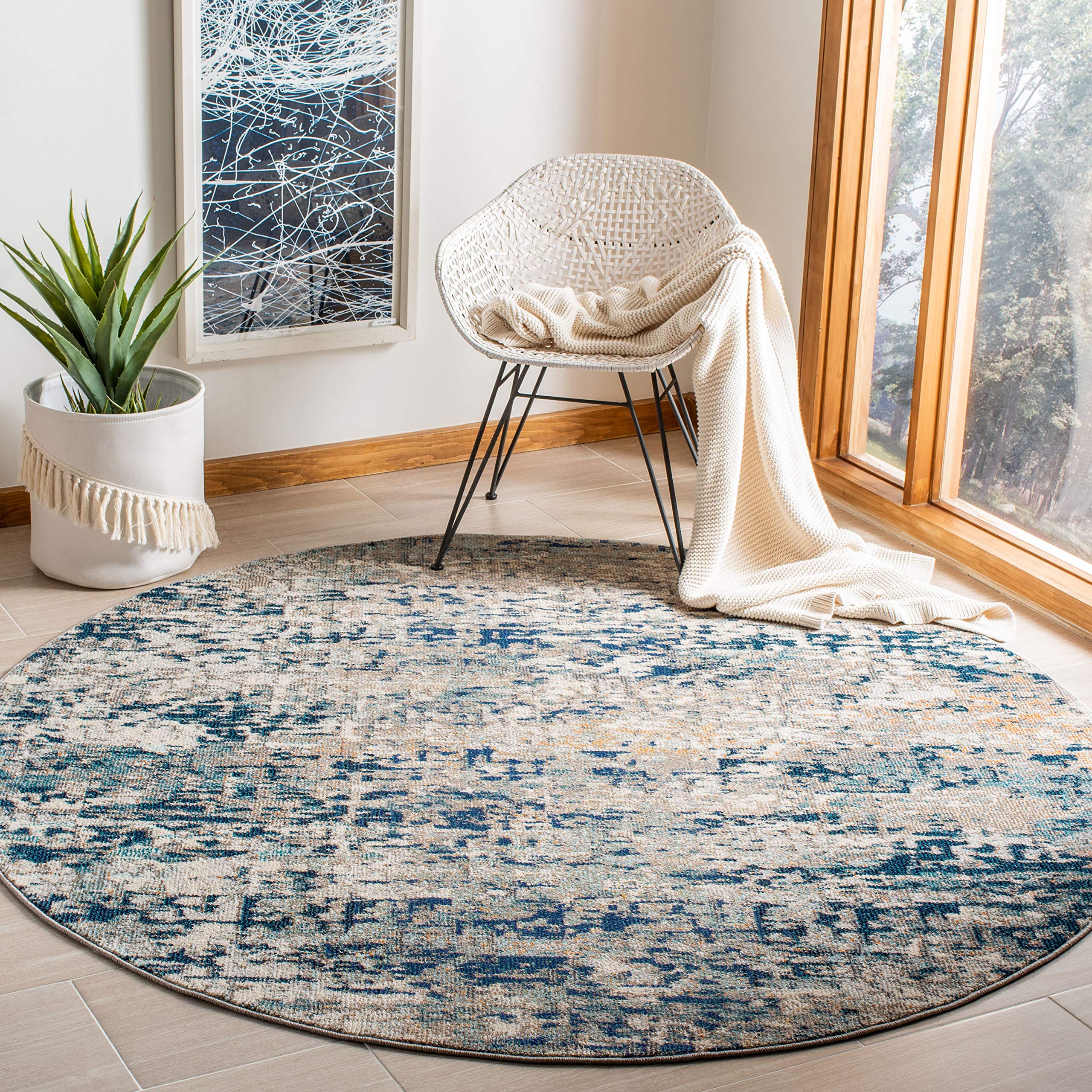 SAFAVIEH Madison Collection Area Rug - 67 Round, Grey & Blue, Modern Abstract Design, Non-Shedding & Easy Care, Ideal for High 