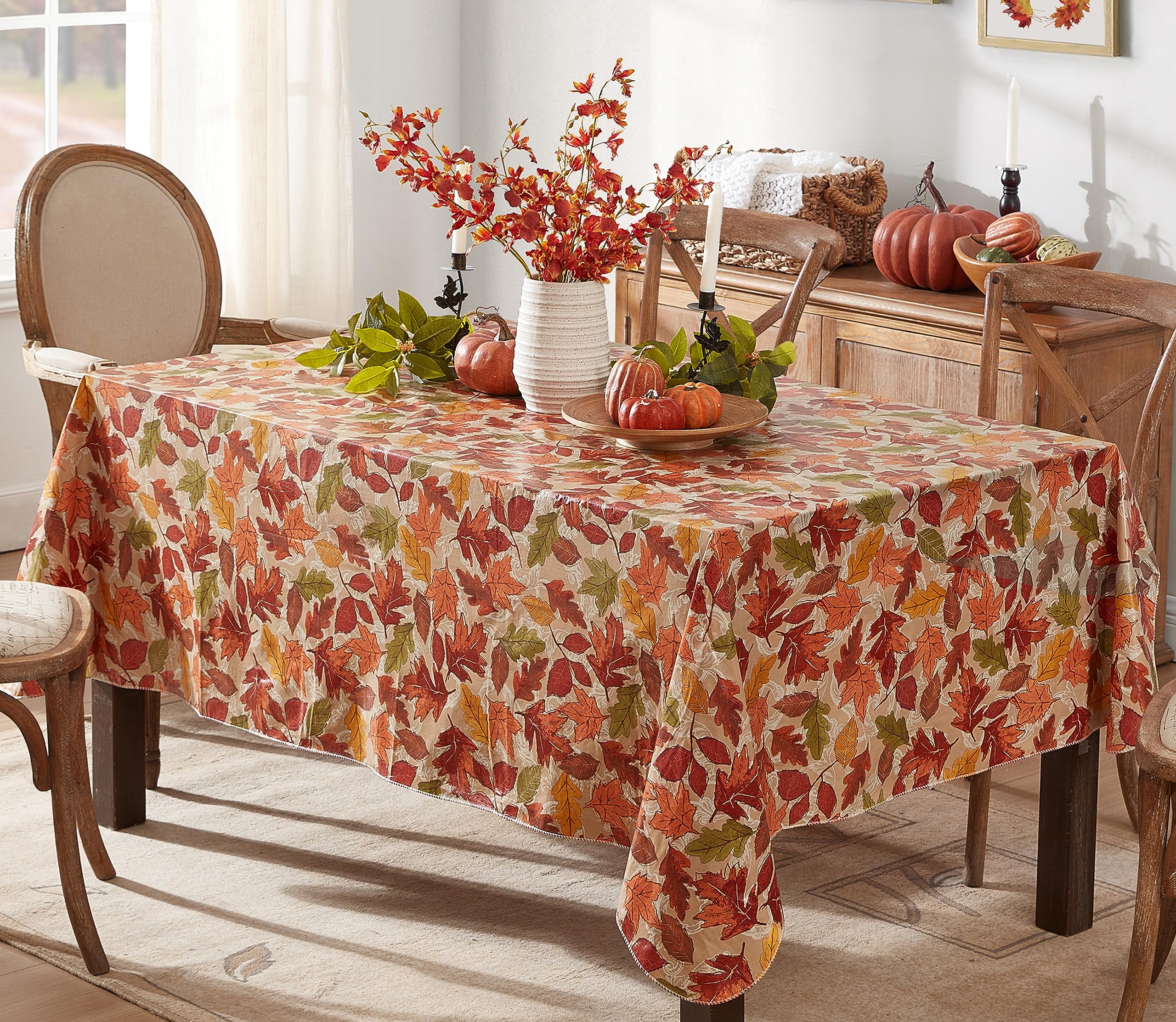 Newbridge Leaves Are Falling Autumn And Thanksgiving Vinyl Flannel Backed Tablecloth, Fall Season Contemporary Leaf Easy Care Vi