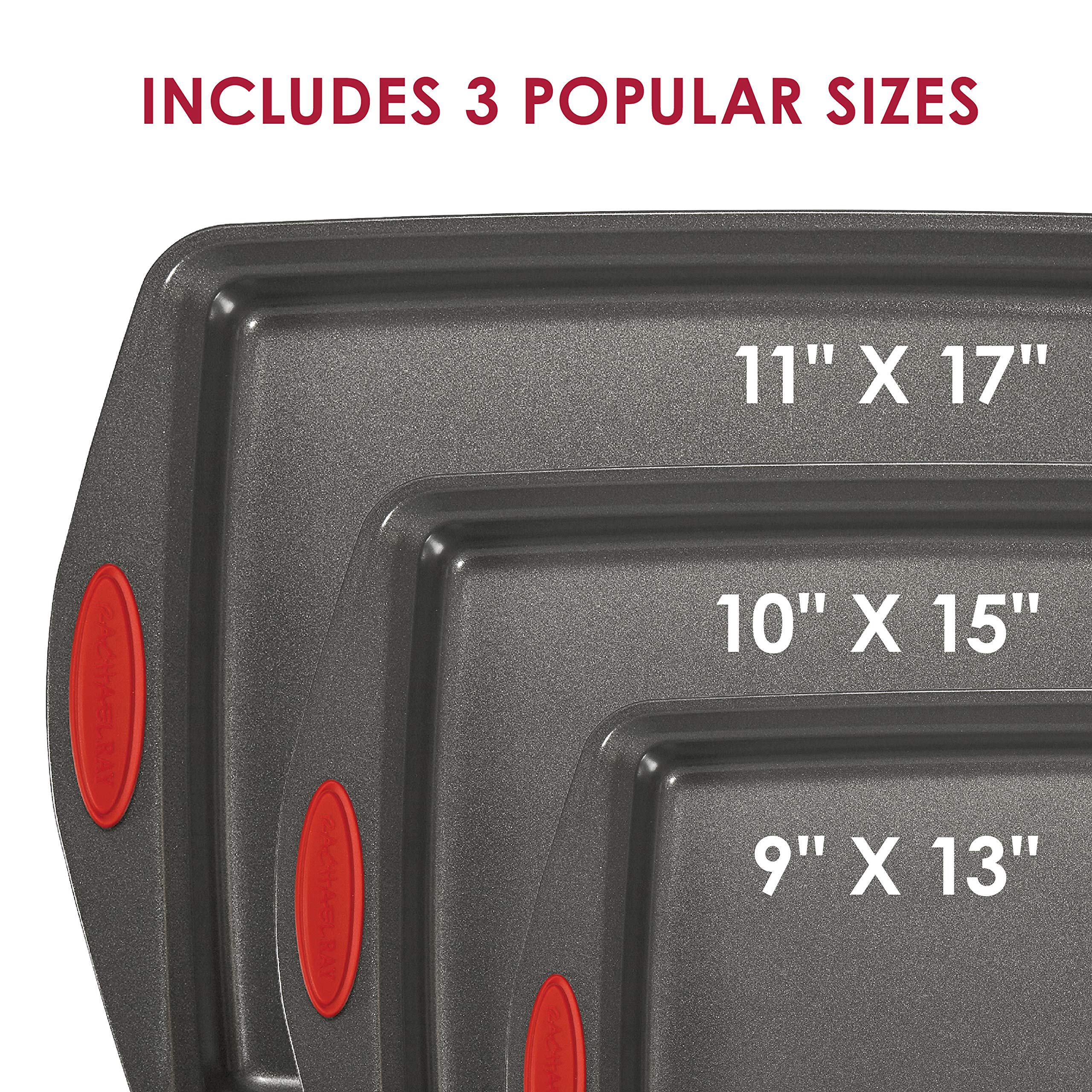 Rachael Ray Bakeware Nonstick Cookie Pan Set, 3-Piece, Gray With Red Grips