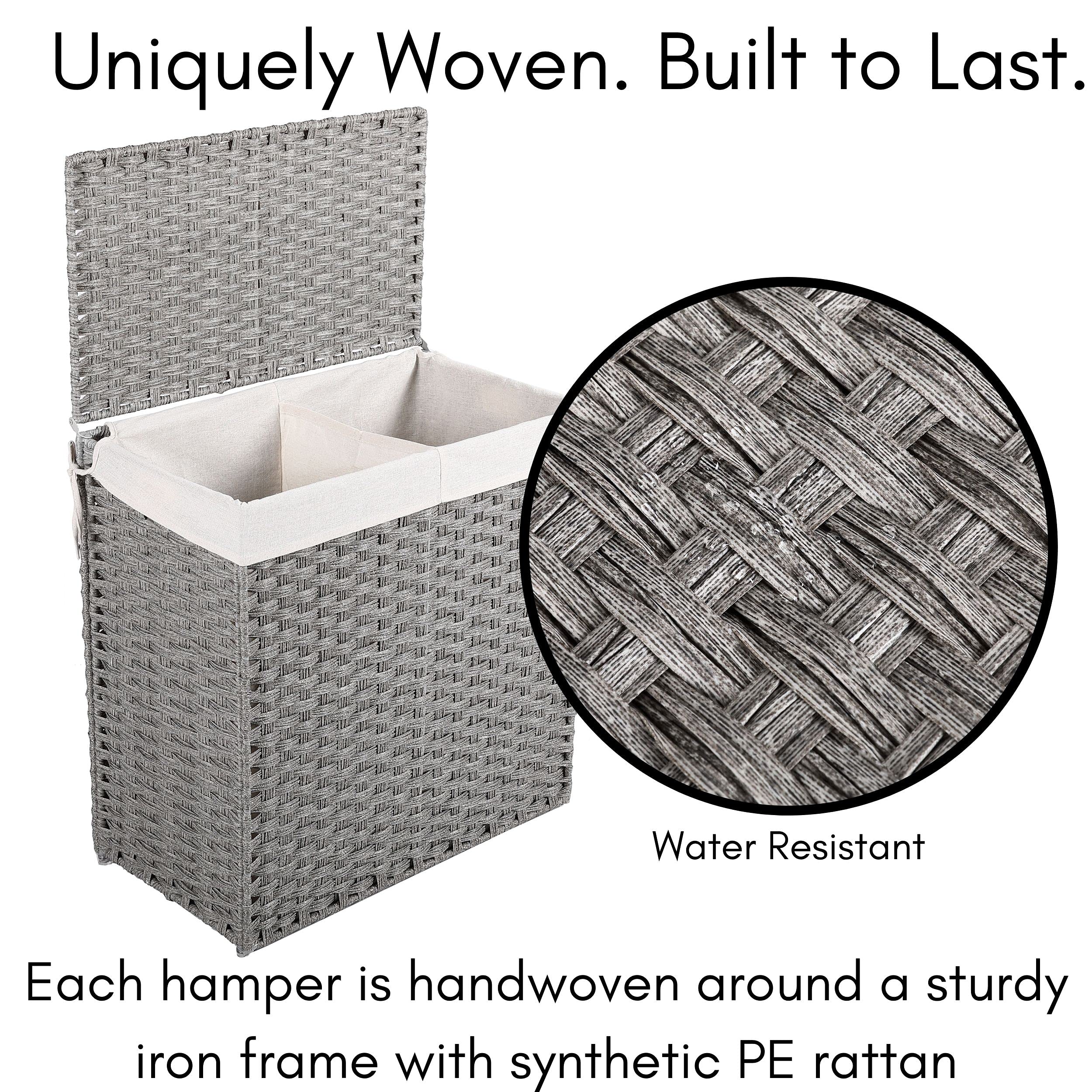 Double Laundry Hamper With Lid | Hand Woven Double Sorter With Liner Bags | Large Collapsible Hampers | Synthetic Pe Rattan Clot