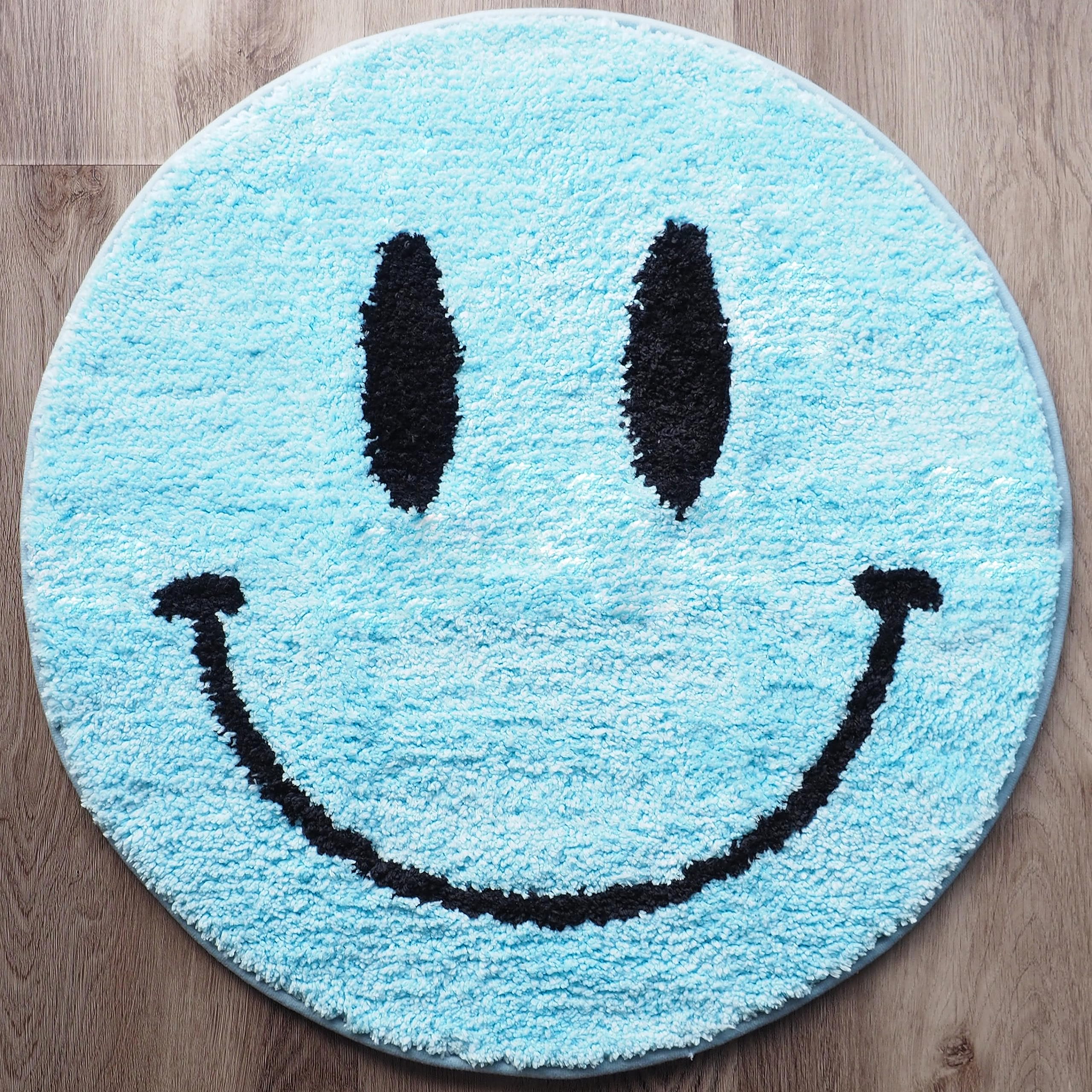 Evovee Blue Bath Mat Rug Funny Happy Cute Bathroom Decor Face Shower Rugs Retro Funky Bedroom Aesthetic Fun Round Preppy Cool Ap