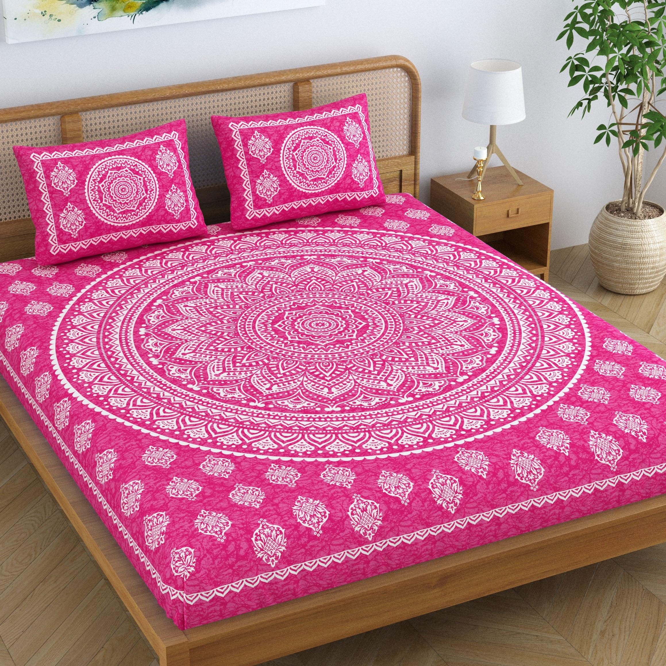 Colorish Cotton Blend Traditional Mandala Jaipuri Printed Bedsheet For Double Bed King Size With 2 Pillow Covers, Pink| H603 | 1