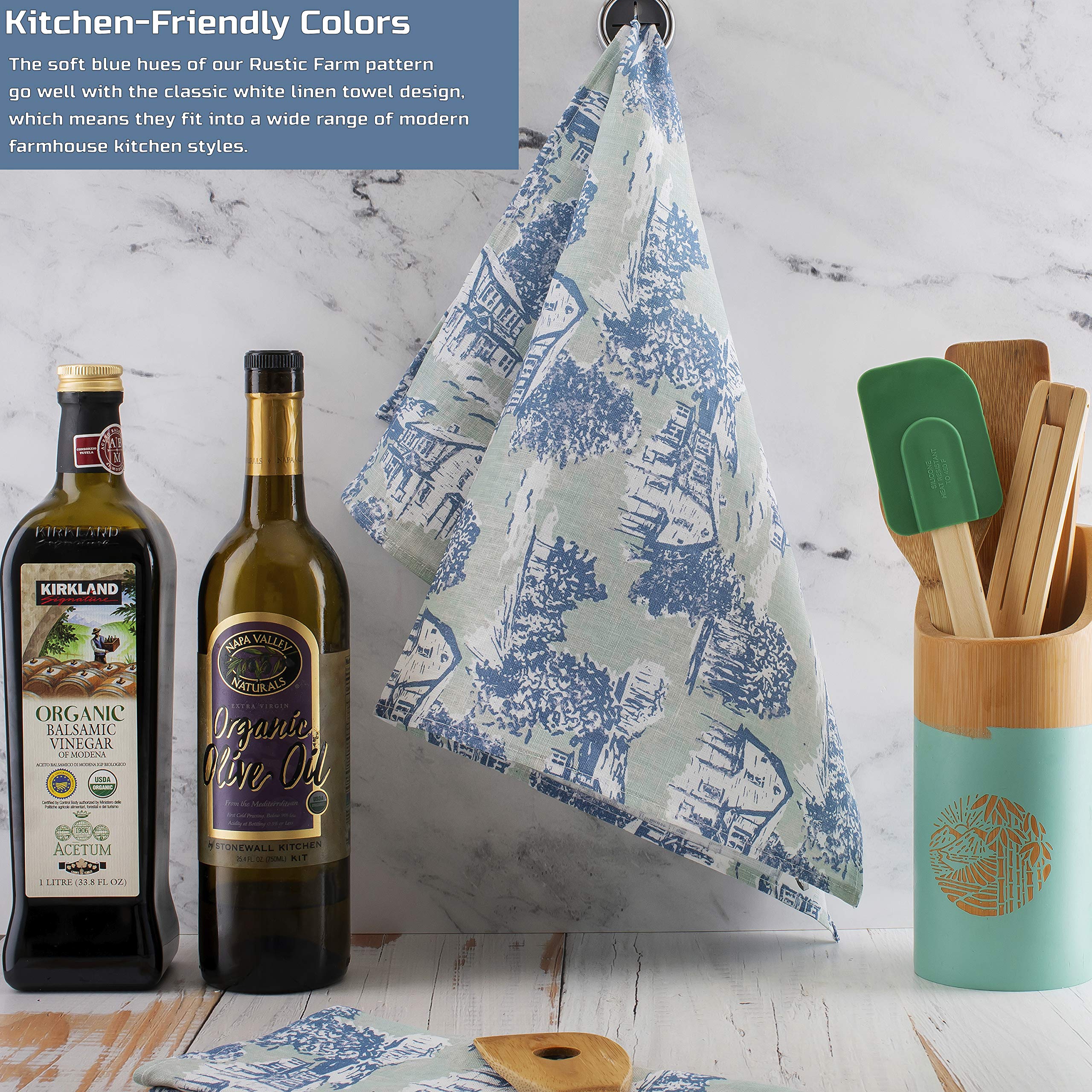 Kitchenvia Red Chicken Co. Linen Tea Towel Set - Rustic Farmhouse Pattern, Soft And Durable For Kitchen Cleaning And Dining