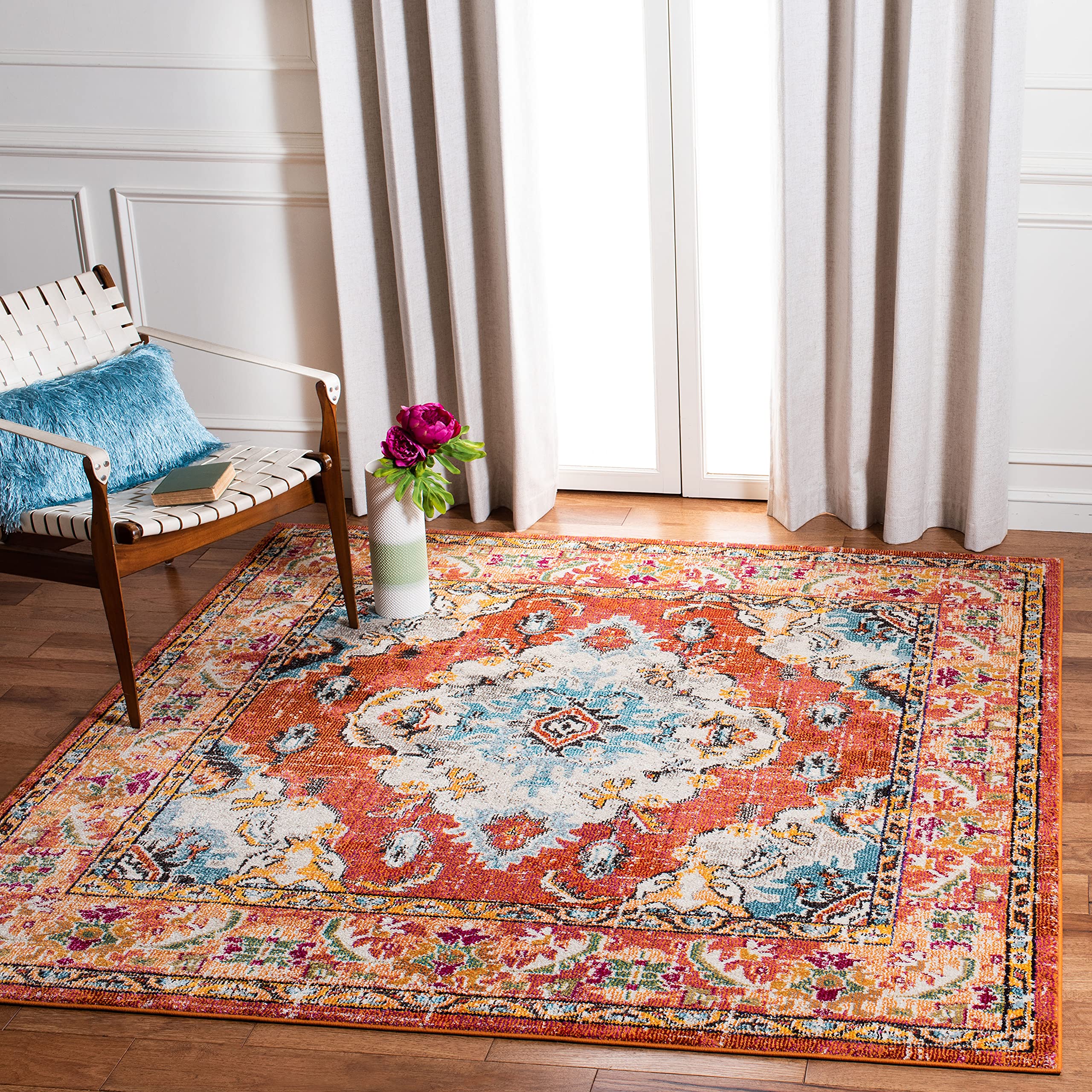 SAFAVIEH Monaco Collection 11 Square Orange / Light Blue MNC243H Boho Chic Medallion Distressed Non-Shedding Living Room Bedroo