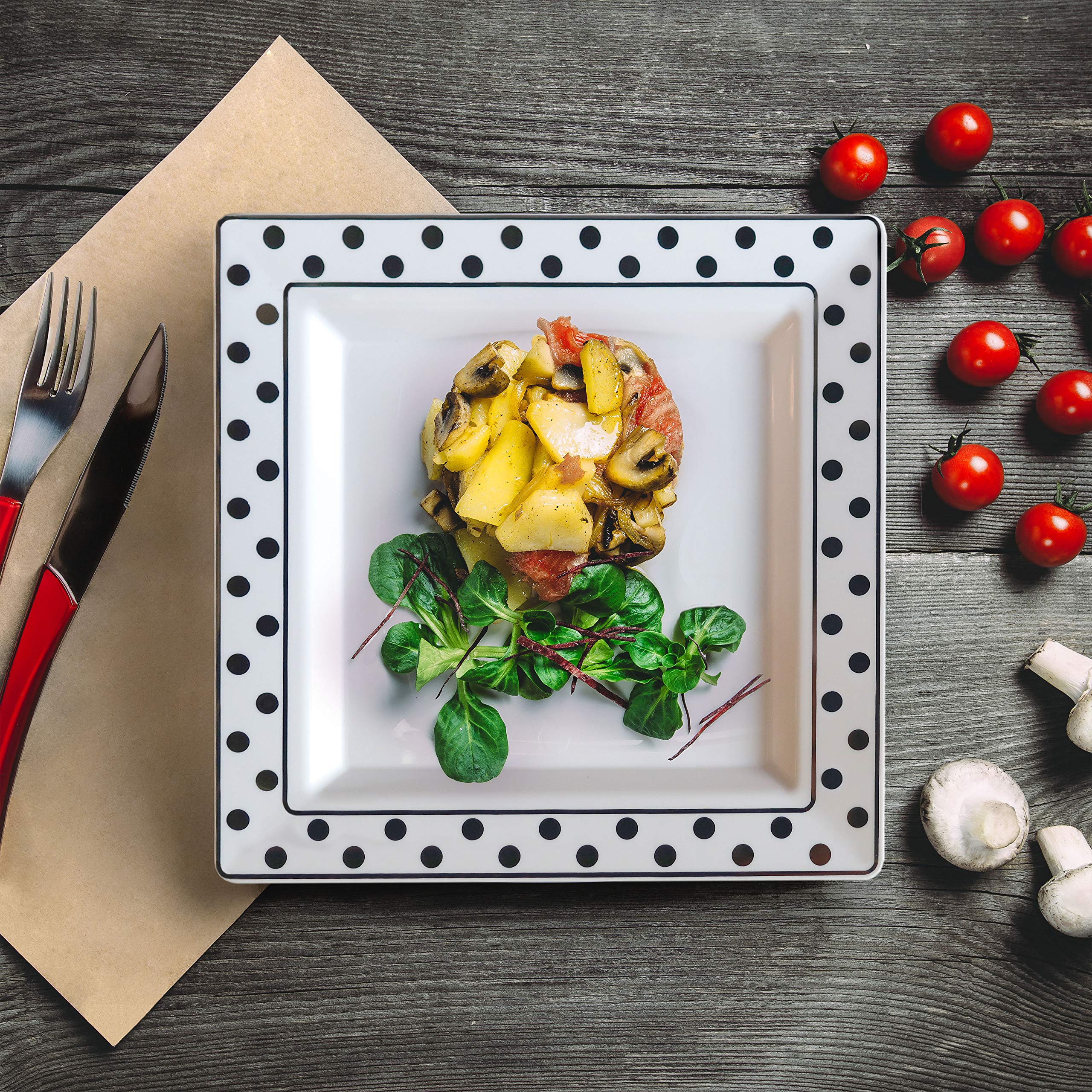 Oasis Creations White Square Plates with Silver Polka Dots on Rim 10'' - 50 count - Premium Hard White Plastic -Disposable and Reusable-Salad Plate -Appetizer Plate -Dinner Plate -Party Plate Set