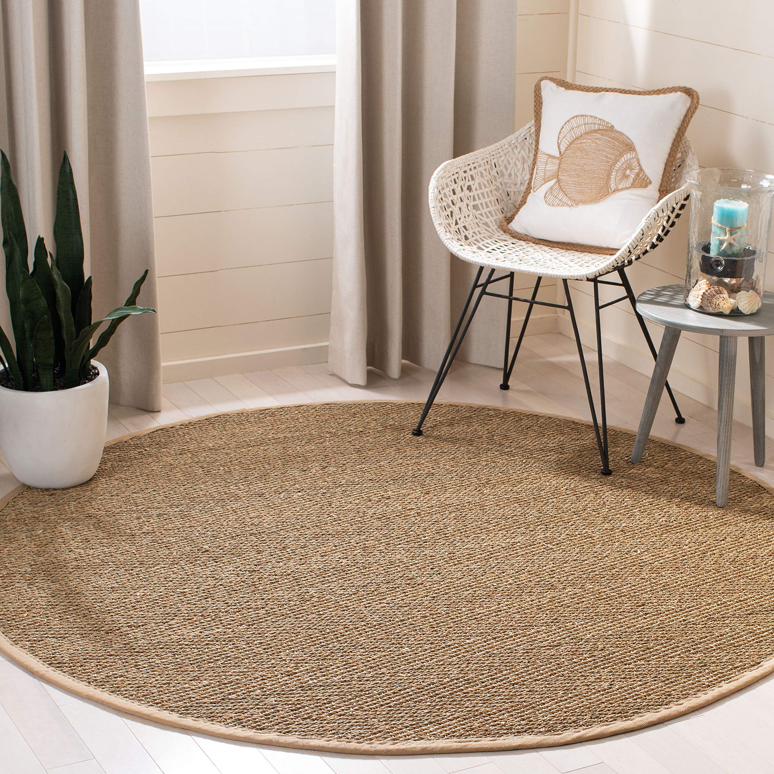 Safavieh Natural Fiber Collection 4 Round Beige NF115A Border Herringbone Seagrass Area Rug