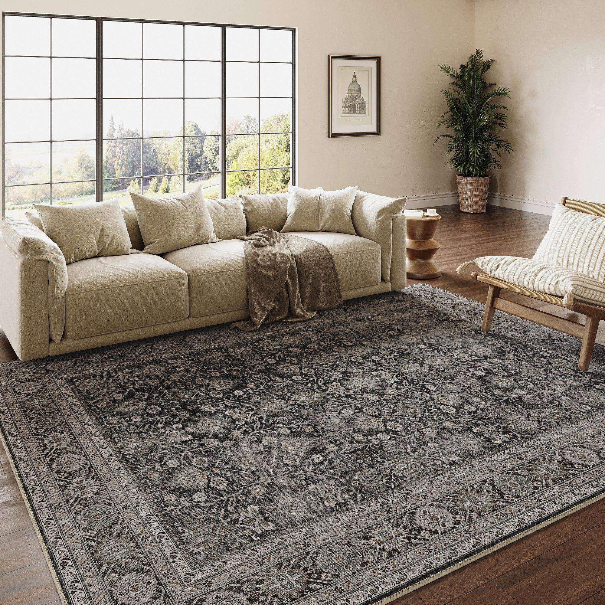 PureCozy Vintage Area Rug 6x9 Black Washable Living Room Large Carpet Non Slip Bedroom Indoor Office Low Pile Traditional Distre