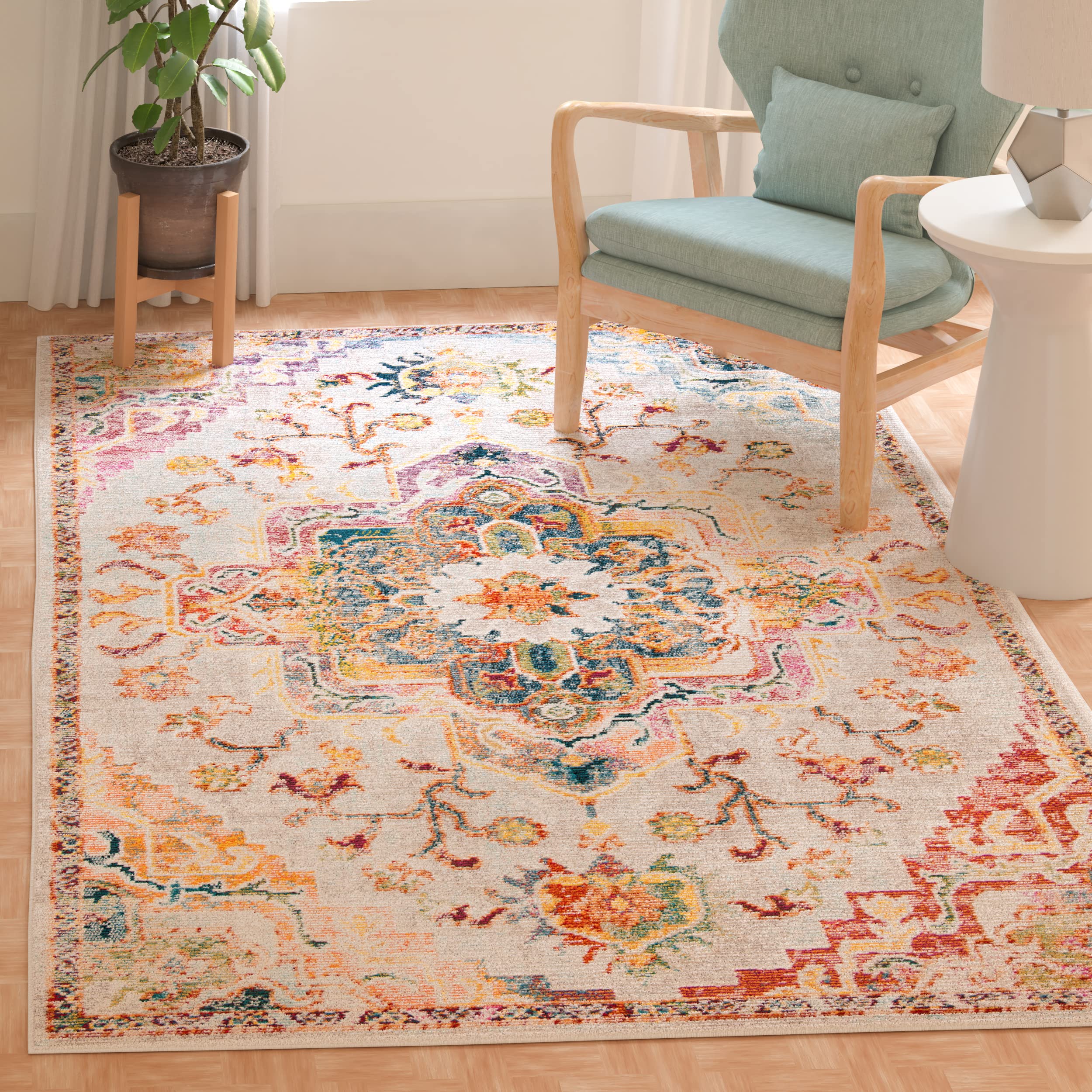 SAFAVIEH Crystal Collection Accent Rug - 3 x 5, Light Blue & Grey, Medallion Distressed Design, Non-Shedding & Easy Care, Idea