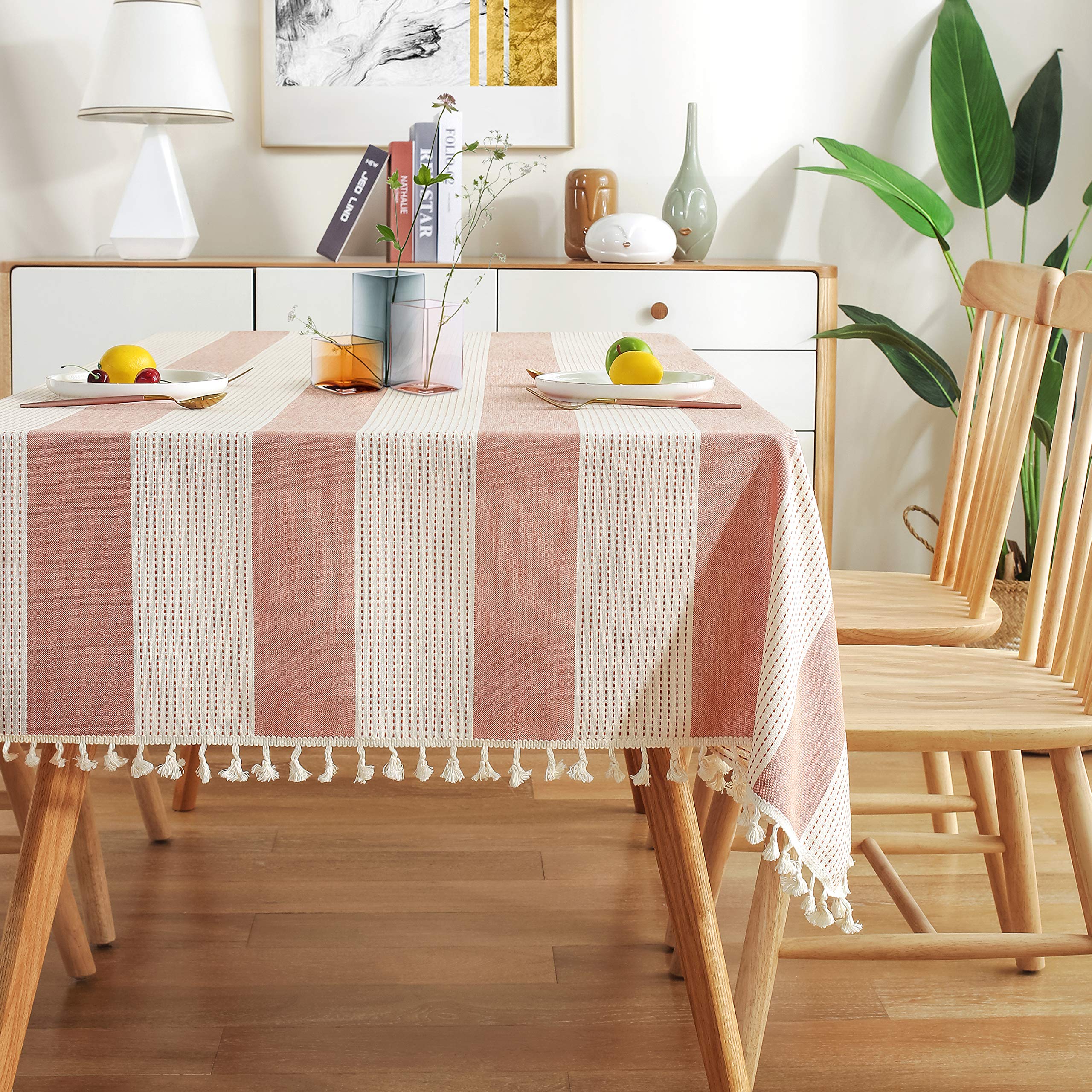 AmHoo Stitching Tassel Tablecloth Striped Table Cloth Rectangle Cotton Linen DustProof Table Cover for Kitchen Dinning 54 x 54 