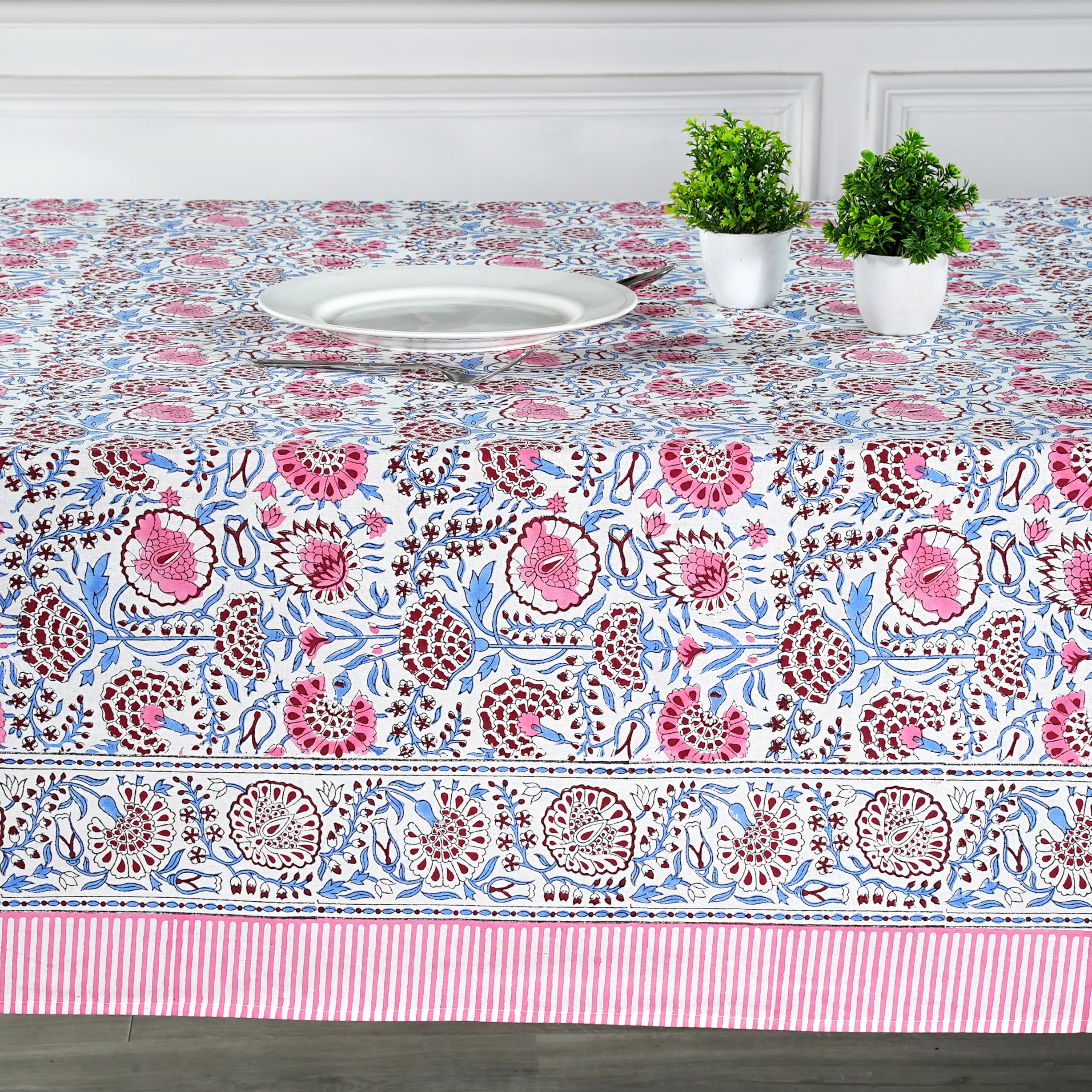 Ridhi Pigeon Blue Hand Block Print Cotton Rectangle Tablecloth 90 x 60 inch-Reusable Table Cover Decorative Everyday Use for Din