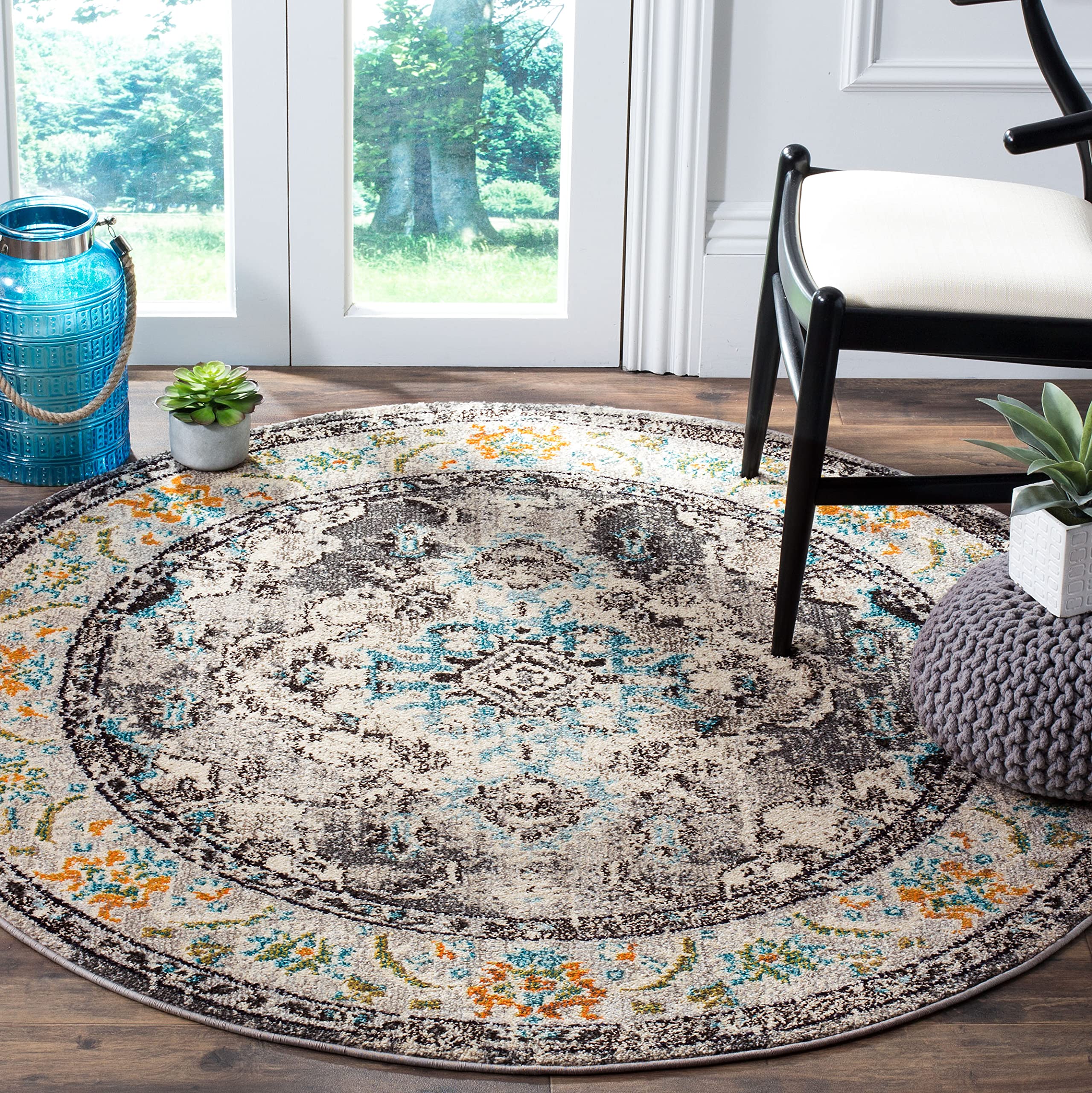 SAFAVIEH Monaco Collection Area Rug - 3 Round, Grey & Light Blue, Boho Chic Medallion Distressed Design, Non-Shedding & Easy Ca