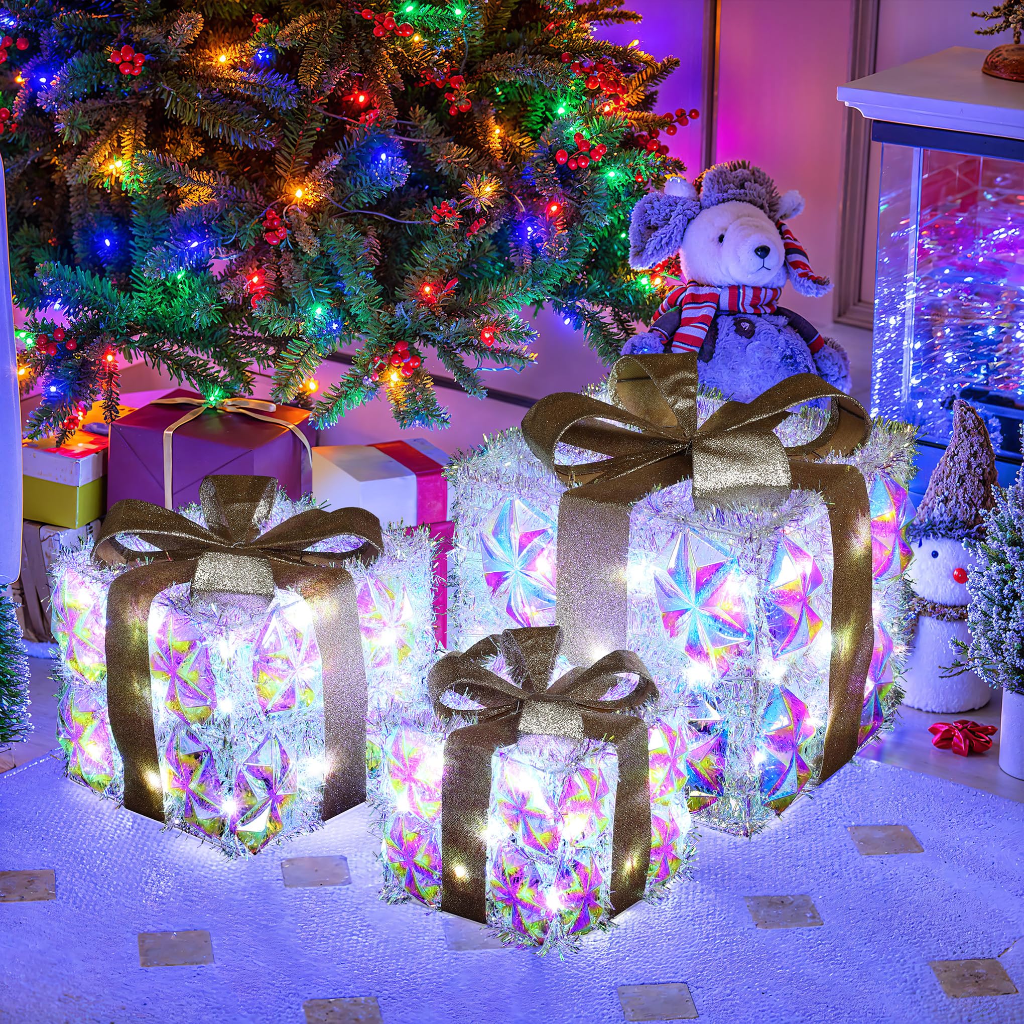 LuxenHome Set of 3 Lighted Gift Boxes, Plug-in Silver Prism with Gold Ribbon Bow Boxes with 70 LED Lights for Entryway, Lawn, Po