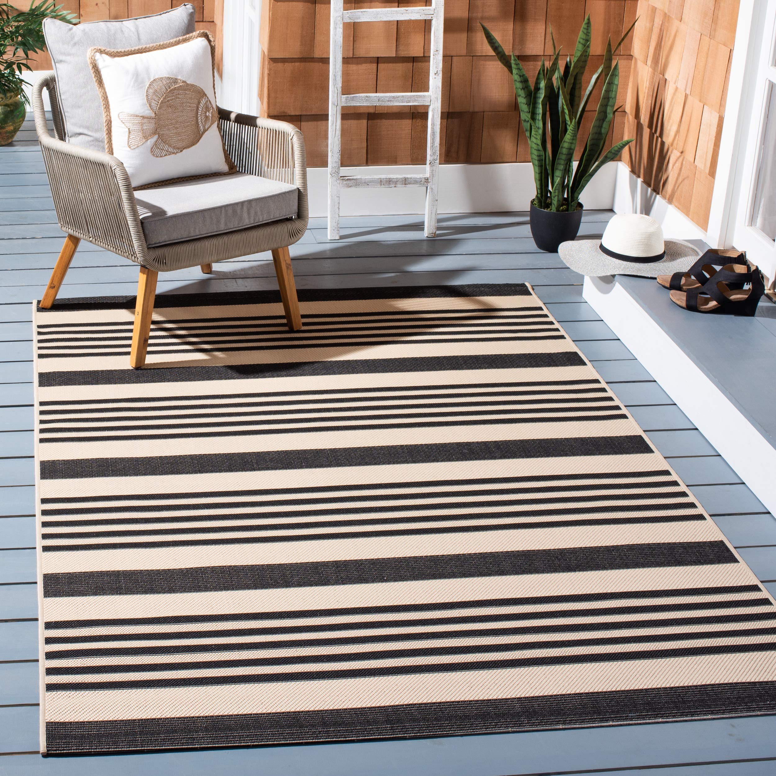 SAFAVIEH Courtyard Collection Area Rug - 9 x 12, Black & Bone, Stripe Design, Non-Shedding & Easy Care, Indoor/Outdoor & Washa