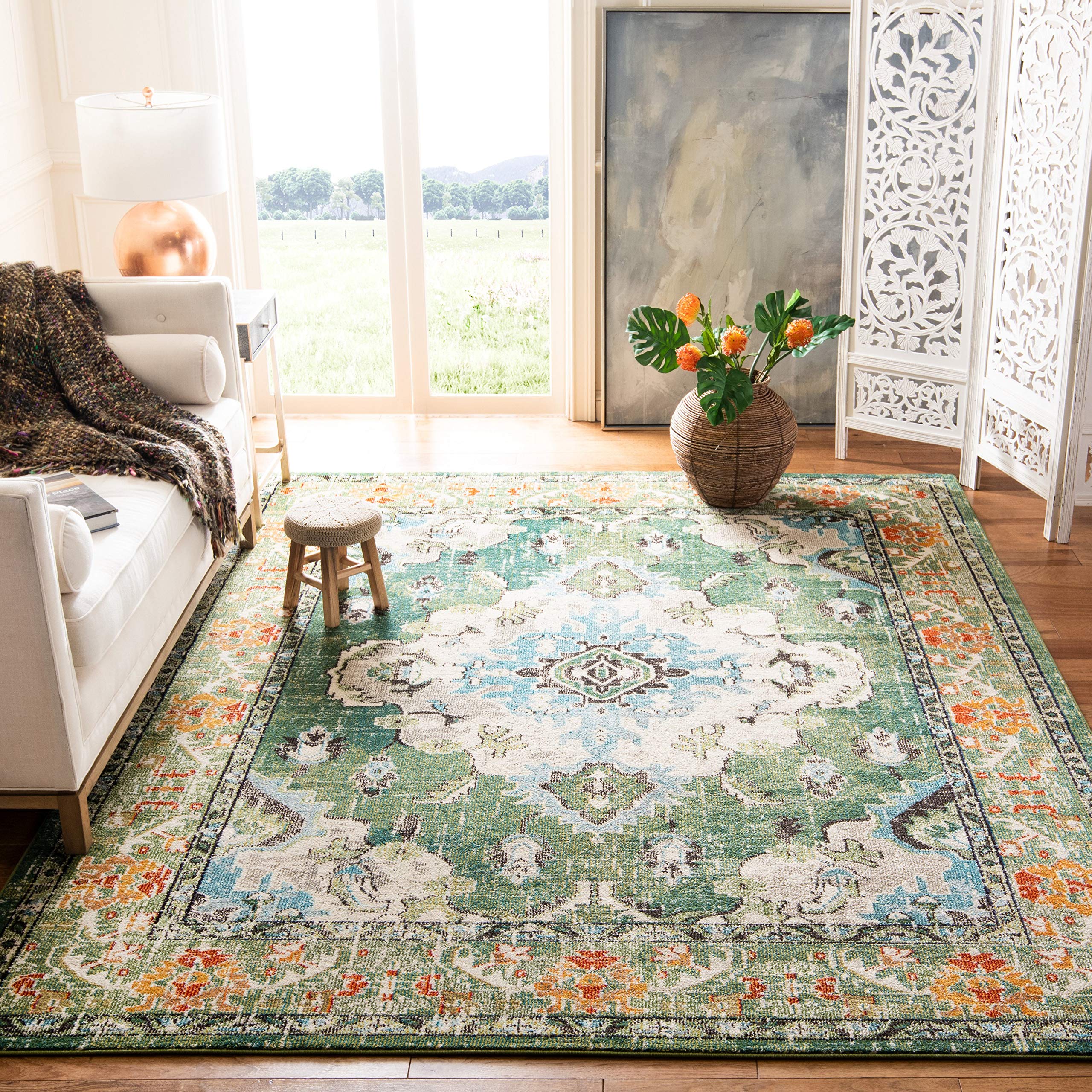 SAFAVIEH Monaco Collection Area Rug - 12 Square, Forest Green & Light Blue, Medallion Distressed Design, Non-Shedding & Easy Ca
