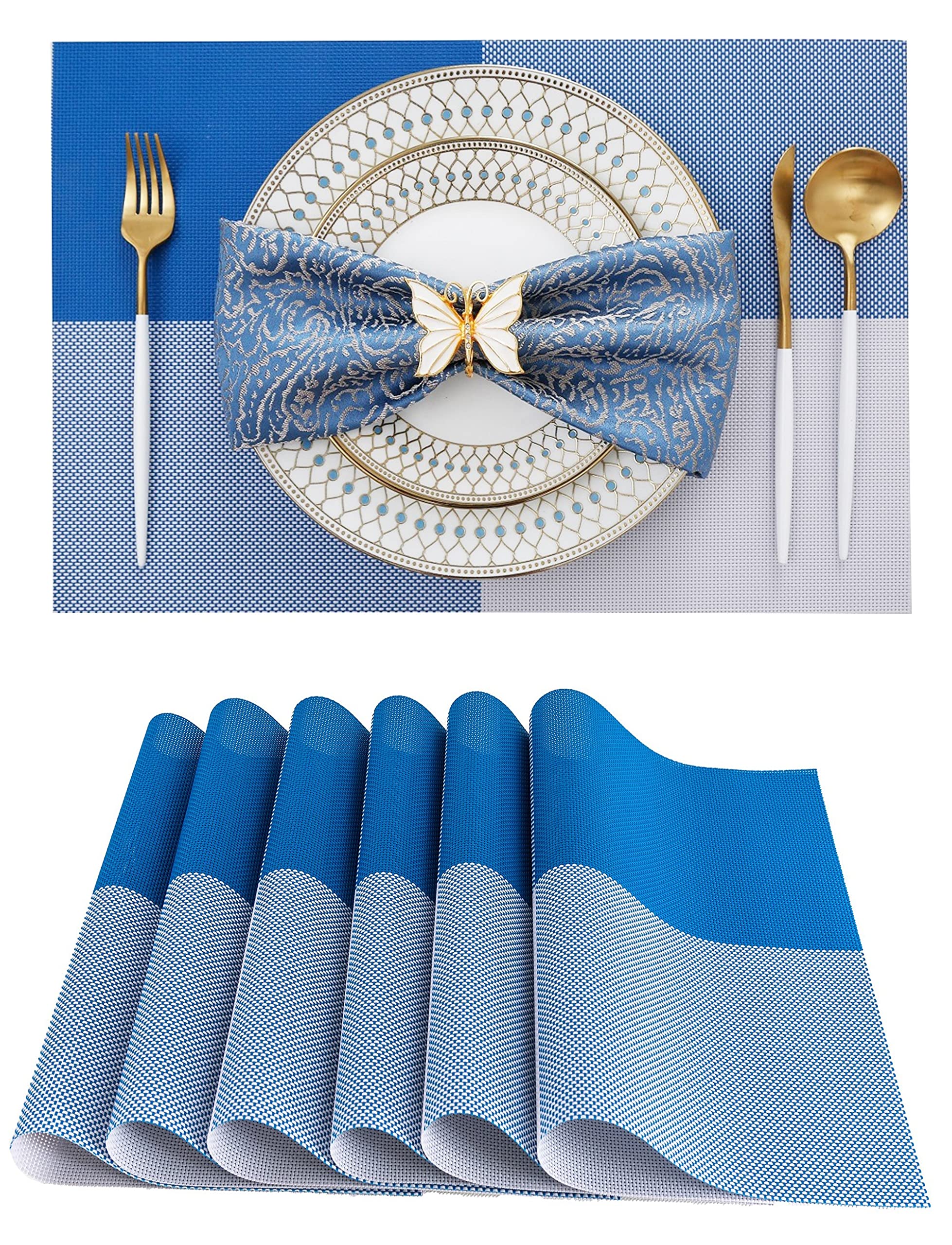 Createshao Pvc Vinyl Red Striped Placemat Woven Placemats Rectangular Place Mat Washable Table Mats (6 Pcs, A2- Blue White Latti