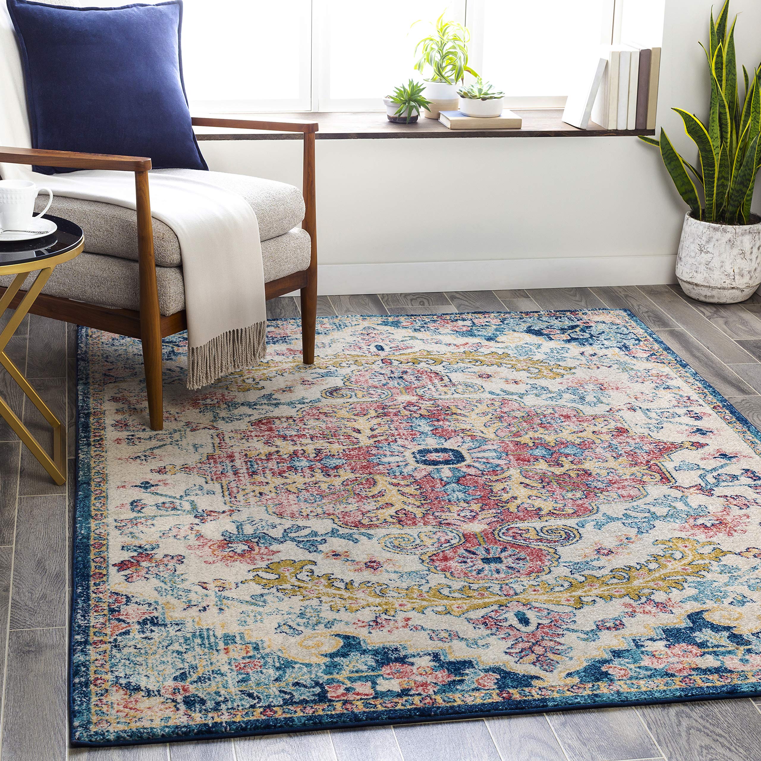 Livabliss Area Rugs - 8ft Round Odelia Vintage Boho Aqua Burgandy Blue Round Area Rug for Living Room Bedroom - Floral Medallion