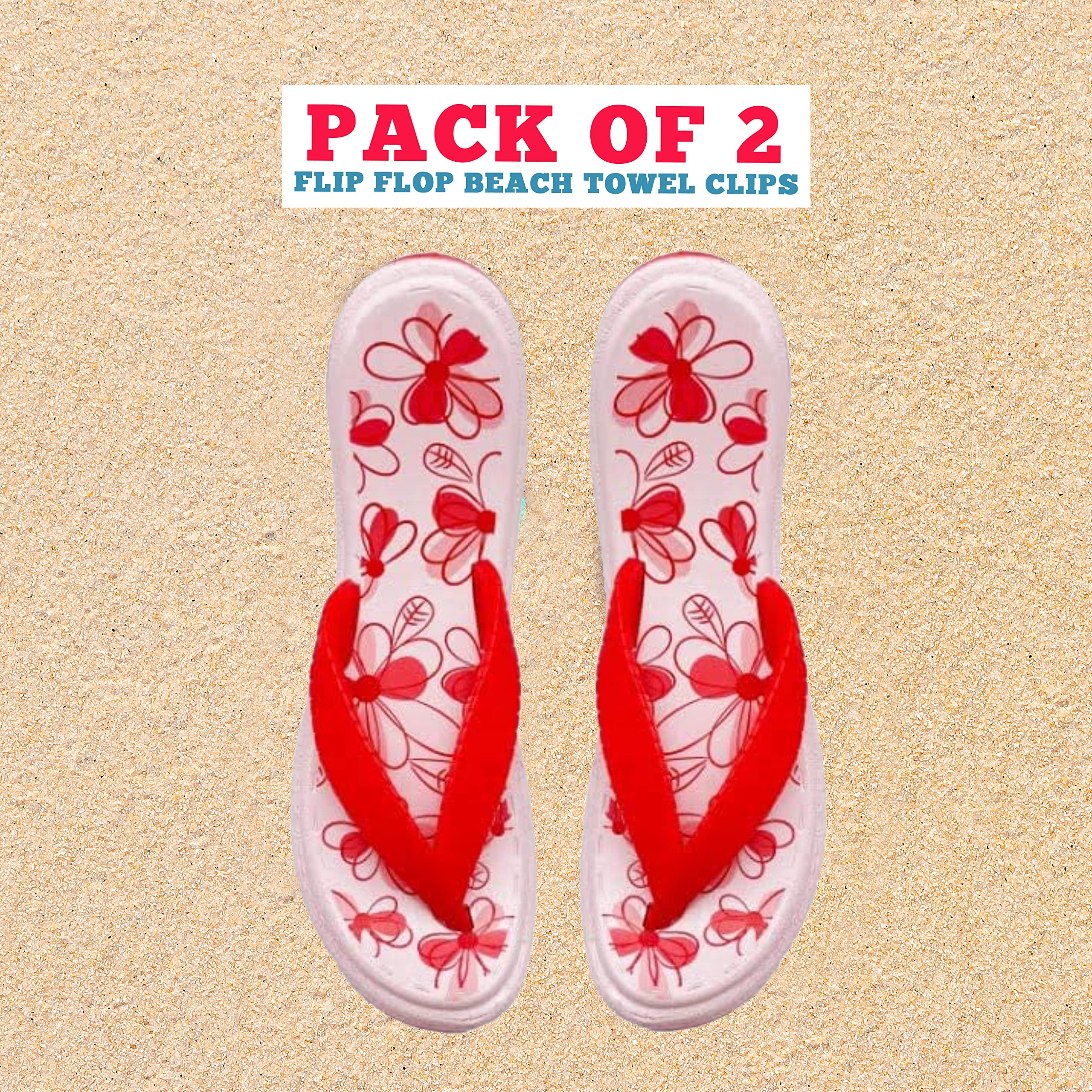 PERFORMORE Flip Flop Beach Towel Clips (Red)  Set of 2  Portable Towel Holder Clips  Secure Clips for Beach Chairs Deck Patio Pool Boat Cruise Lounge Chair Accessories