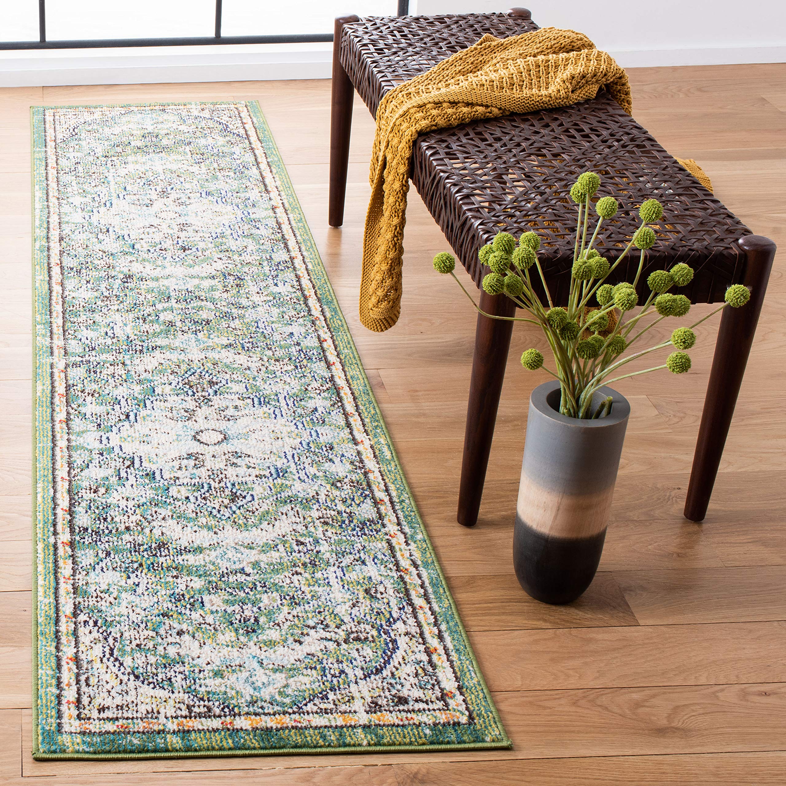 SAFAVIEH Madison Collection Runner Rug - 20 Runner, Green & Turquoise, Transitional Design, Slip Resistant & Stain Resistant, I