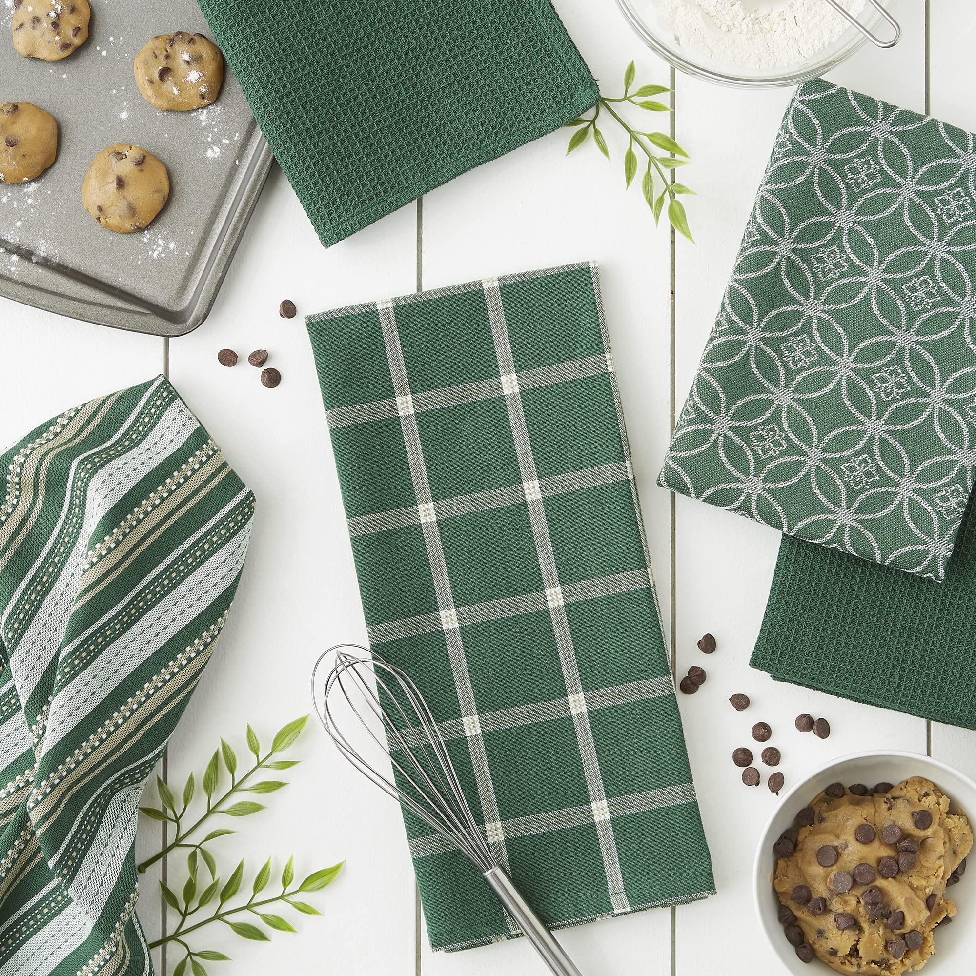 Dii Assorted Woven Kitchen Set, Dishtowel, 18X28, Dishcloth, 13X13, Dark Green, 5 Piece