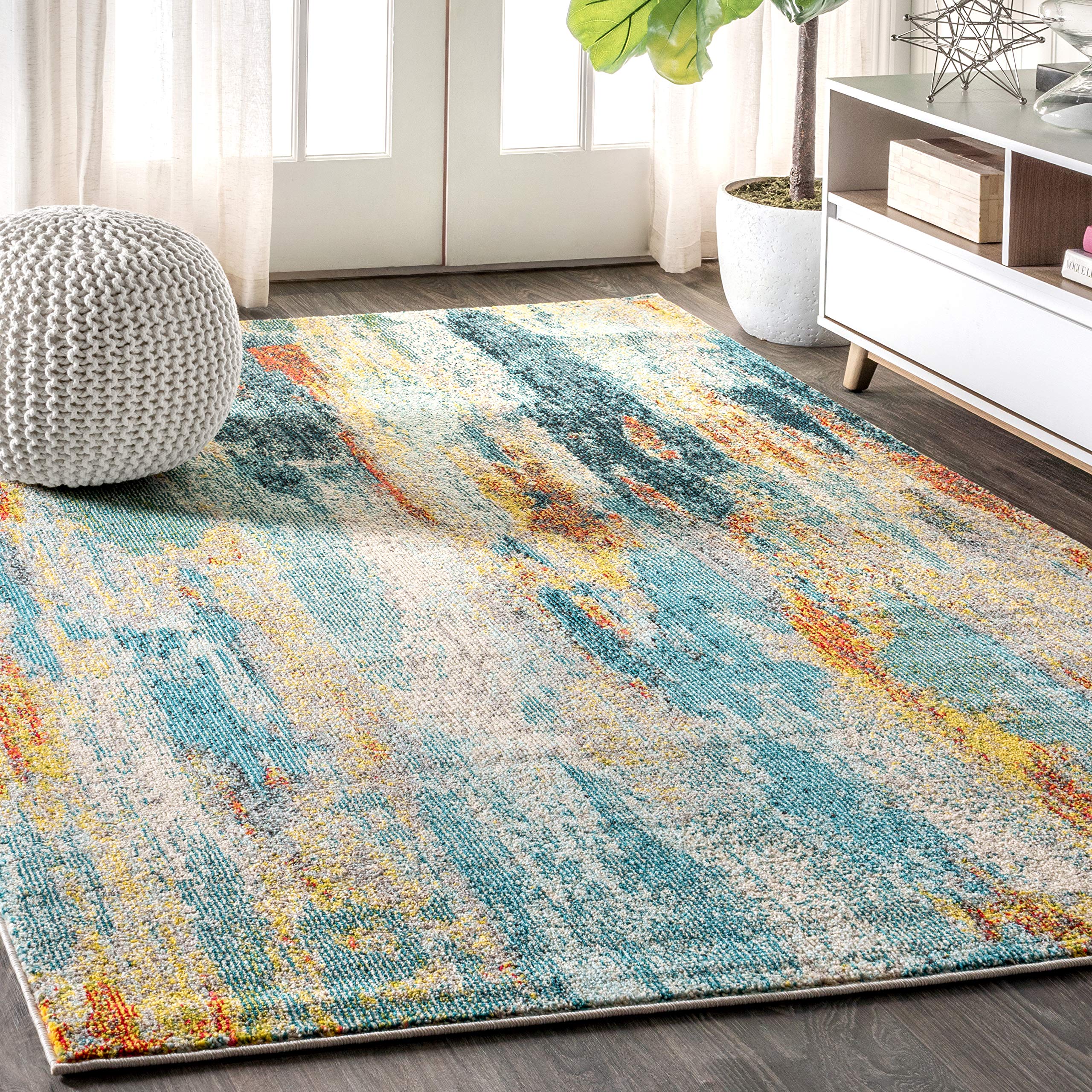 JONATHAN Y CTP106B-4 Contemporary POP Modern Abstract Vintage Waterfall Blue/Cream/Yellow 4 ft. x 6 ft. Area-Rug, Bohemian,Easy-