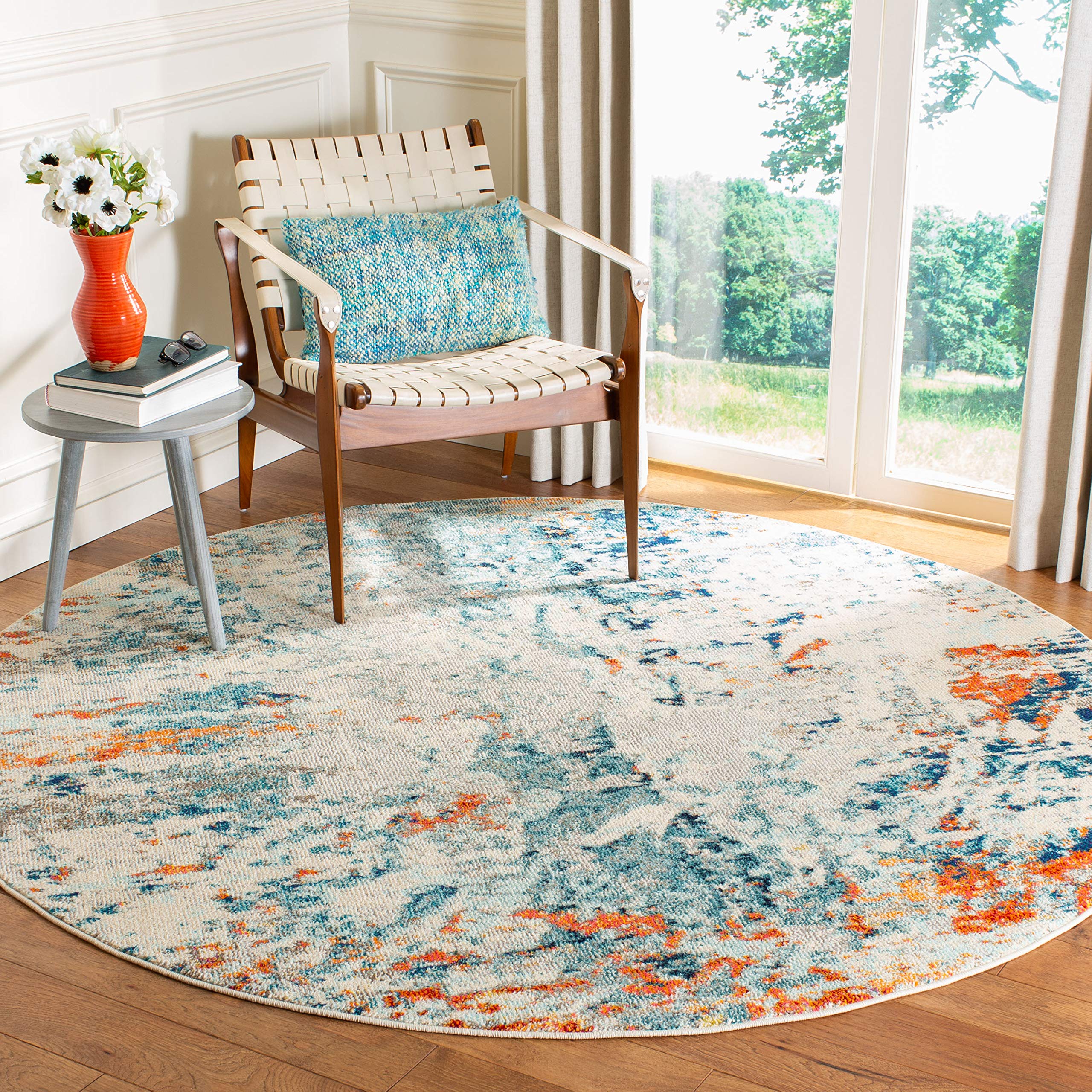 SAFAVIEH Madison Collection 9 Round Cream Orange MAD478B Modern Abstract Non-Shedding Dining Room Entryway Foyer Living Room Be