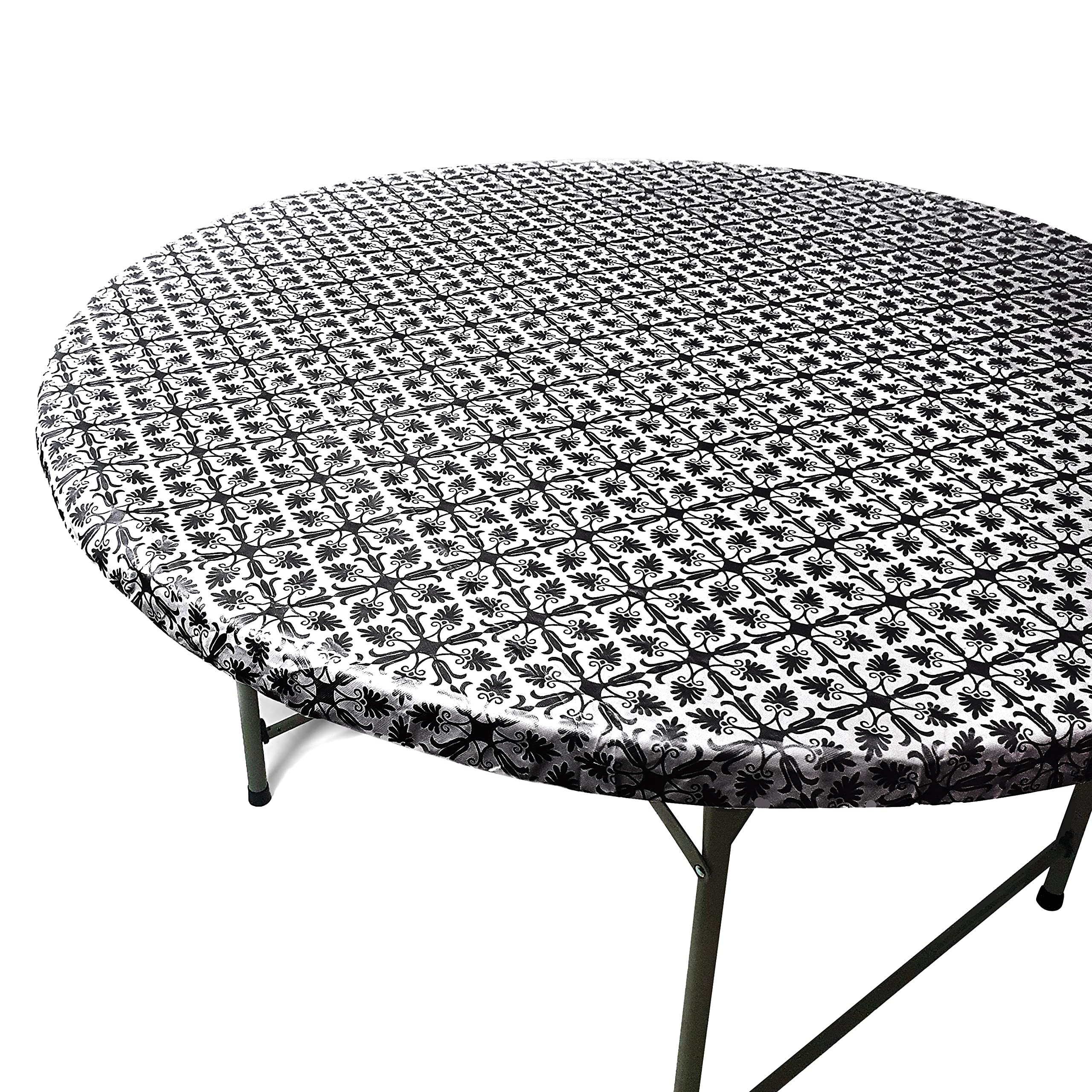 Toptablecloth Fits Tables Up To 43'' To 48'' Inch Fitted Round Tablecloth Elastic Black Patterned Plastic Vinyl Flannel Backed P