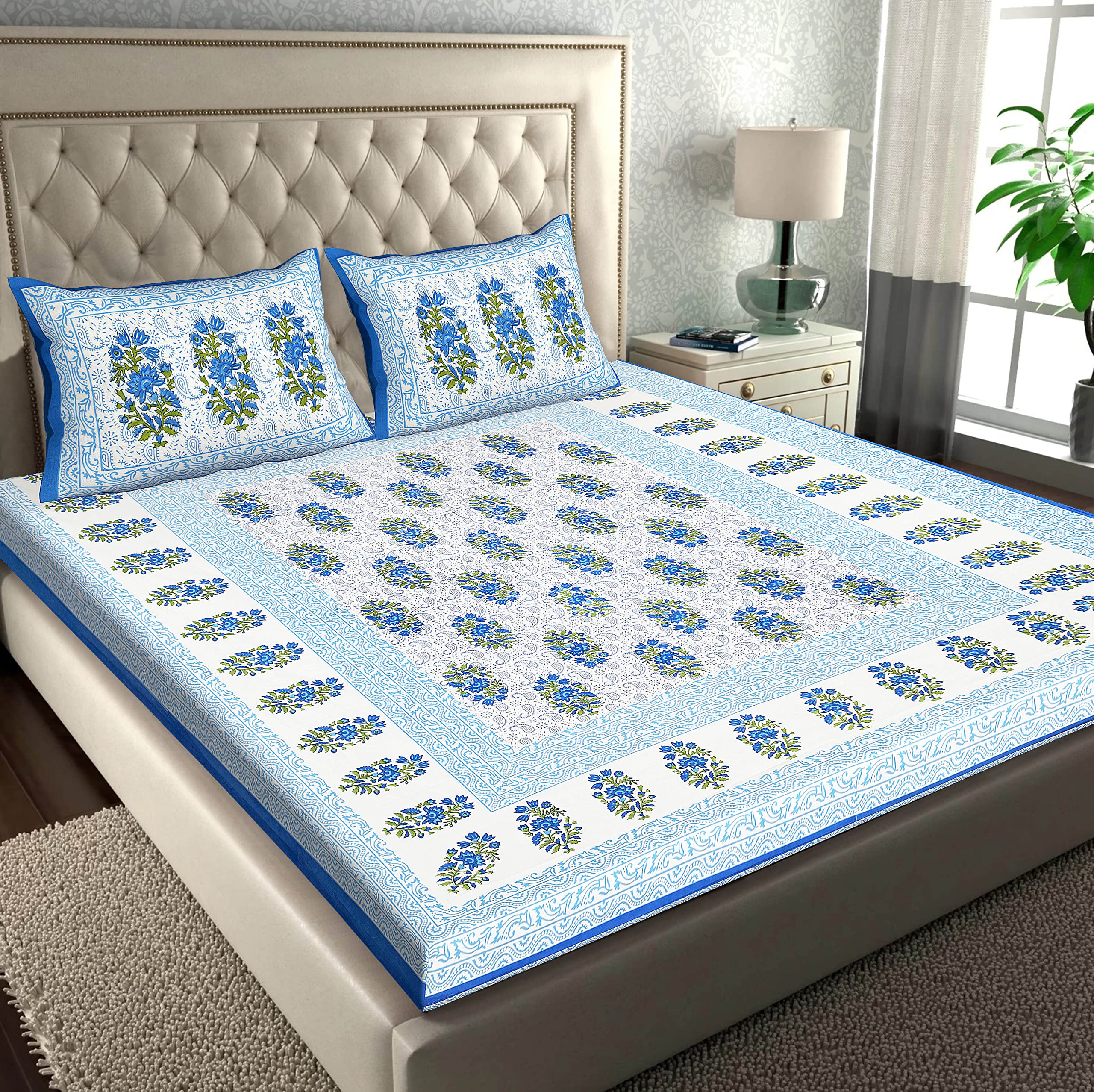 Rajasthanikart Pure 100% Cotton Double Bed Sheet With 2 Pillow Covers (Bedsheet For Double Bed Cotton, Blue, Paisley)