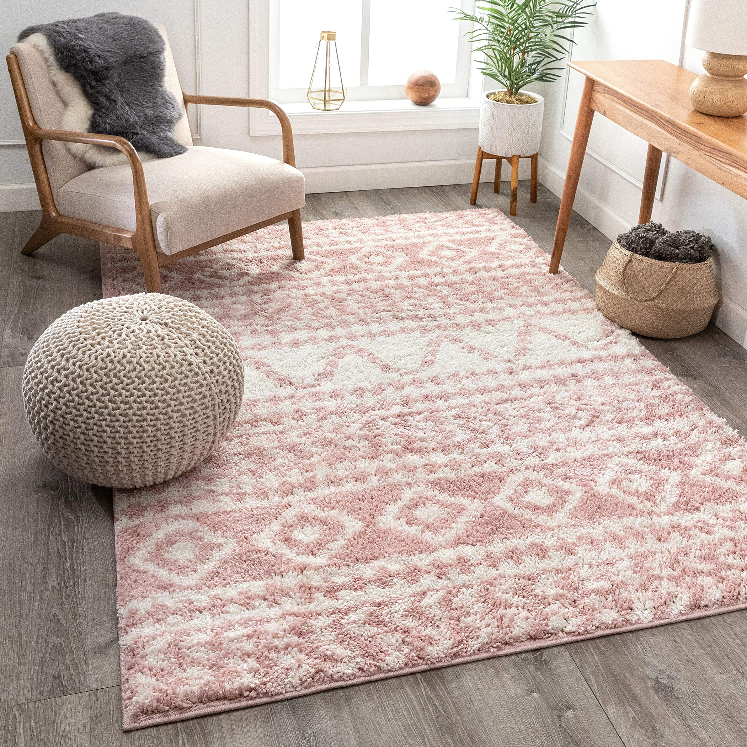 Well Woven Tribal Diamond Stripes Shag Blush Pink | Cozy 1 Thick | Runner Rug 2x7 (23 x 73)